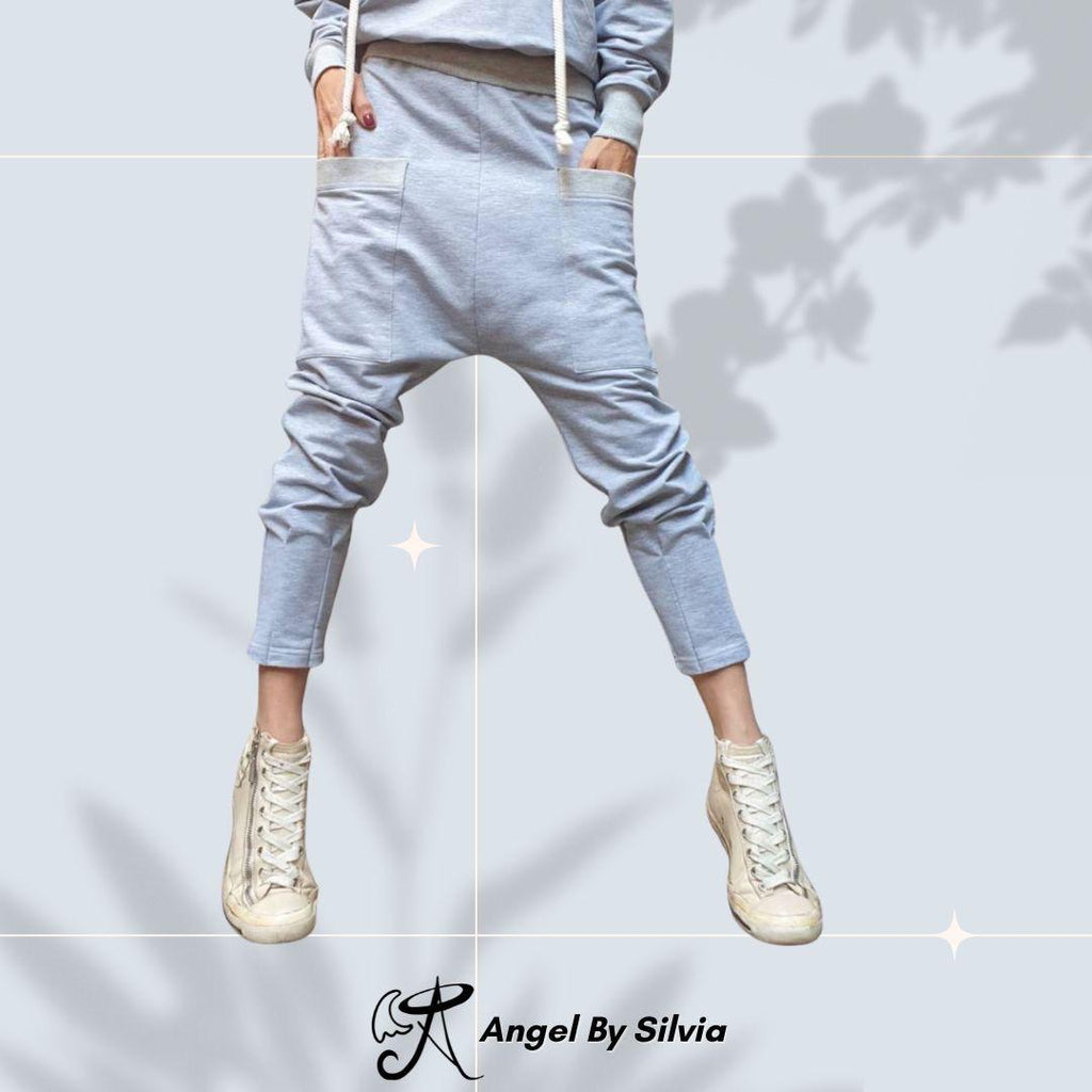 Sporty Grey Harem Pants – Women’s Cotton Jogger with Drop-Crotch & Elastic Waist