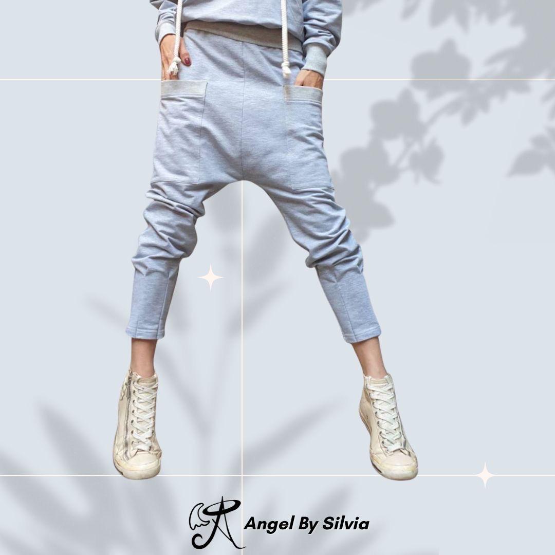 Sporty Grey Harem Pants – Women’s Cotton Jogger with Drop-Crotch & Elastic Waist