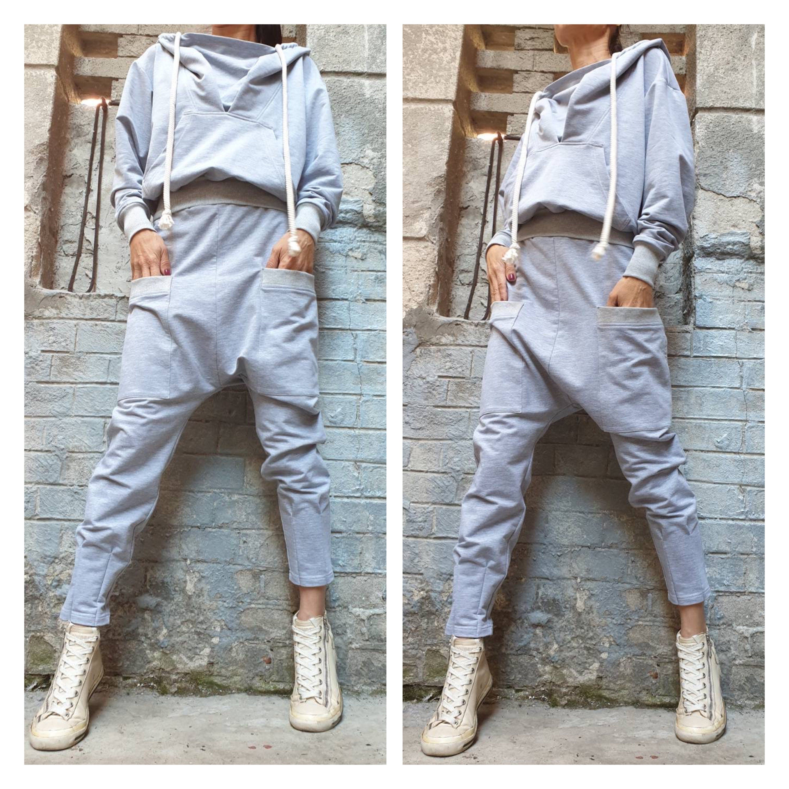 Grey Cotton Tracksuit Set – Women’s Hoodie & Drop-Crotch Harem Pants / Minimalist Streetwear Two-Piece / XS–5XL