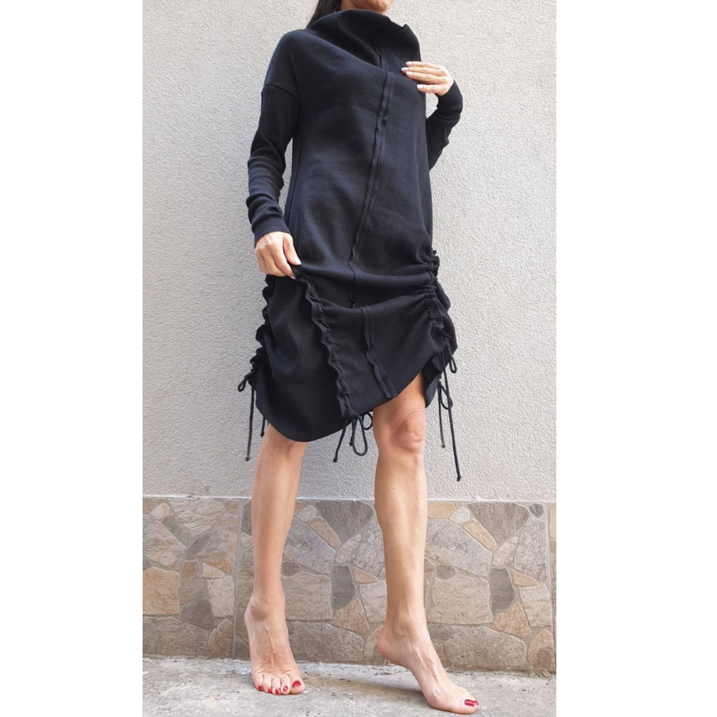 Black Asymmetric Tunic Dress – Long Sleeve High Collar Cotton Rib Dress with Adjustable Drawstrings / XS–5XL