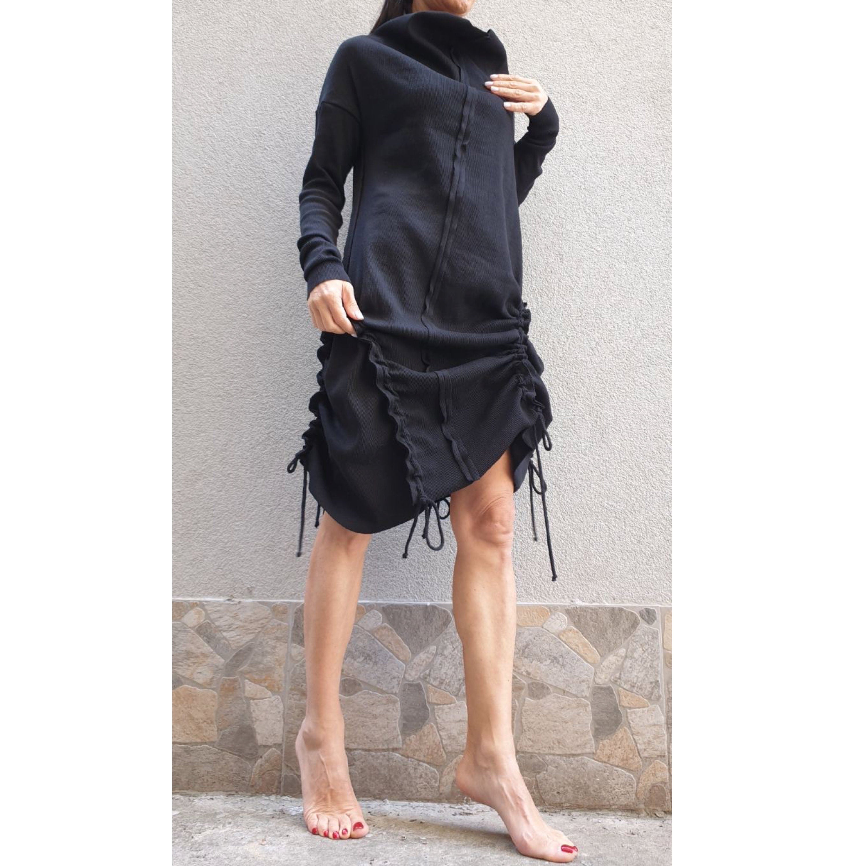 Black Asymmetric Tunic Dress – Long Sleeve High Collar Cotton Rib Dress with Adjustable Drawstrings / XS–5XL