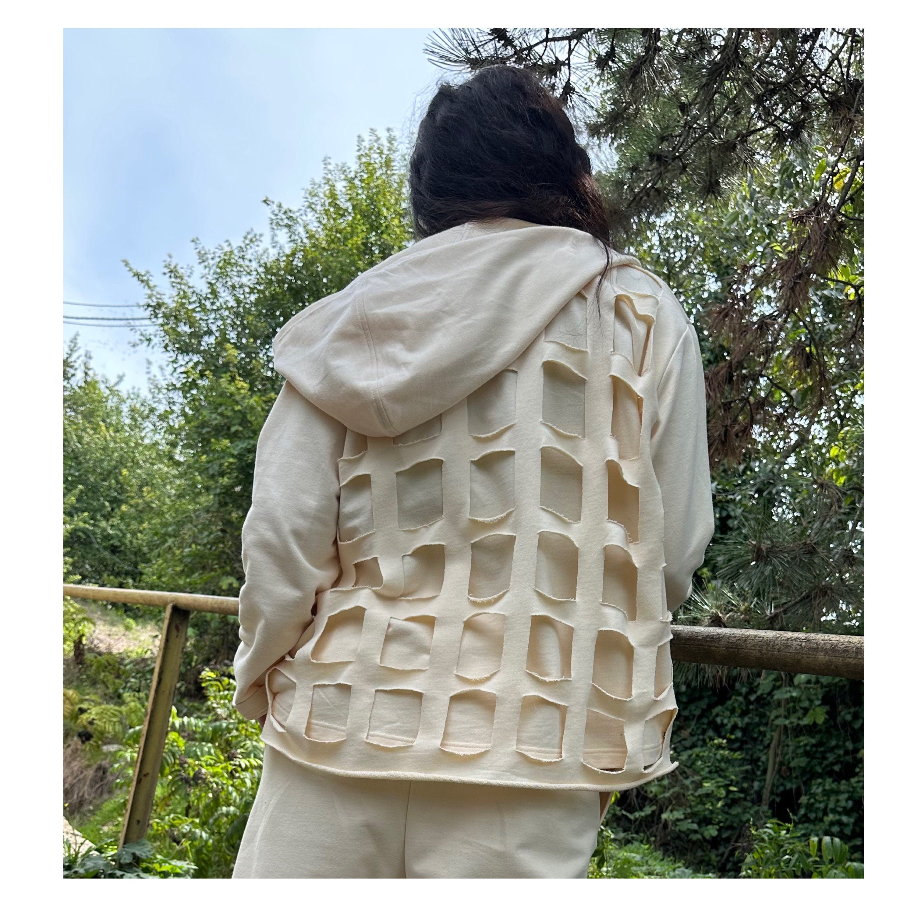 Cream Cotton Cut-Out Hoodie – Zip-Up Hooded Top with Side Pockets