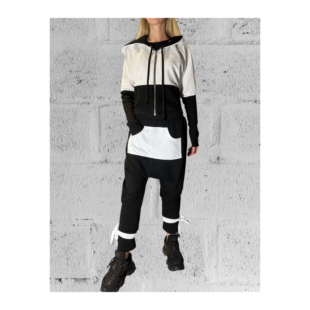 Black & White Avant-Garde Tracksuit Set / Harem Pants and Cropped Zip Hoodie / Handmade Urban Look