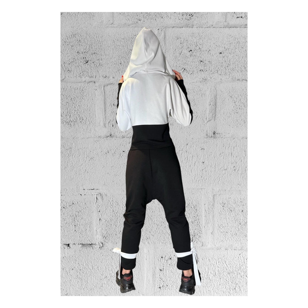 Black & White Avant-Garde Tracksuit Set / Harem Pants and Cropped Zip Hoodie / Handmade Urban Look