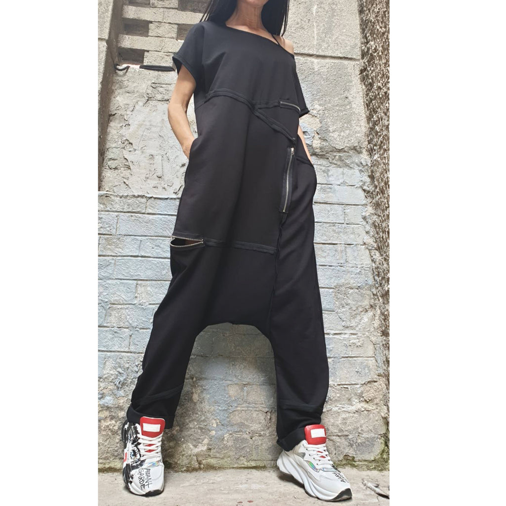 Black Asymmetrical Jumpsuit with Short Sleeves – Designer Cut / Exposed Seams & Zippers / Two-Thread Fleece Romper with Side Pockets