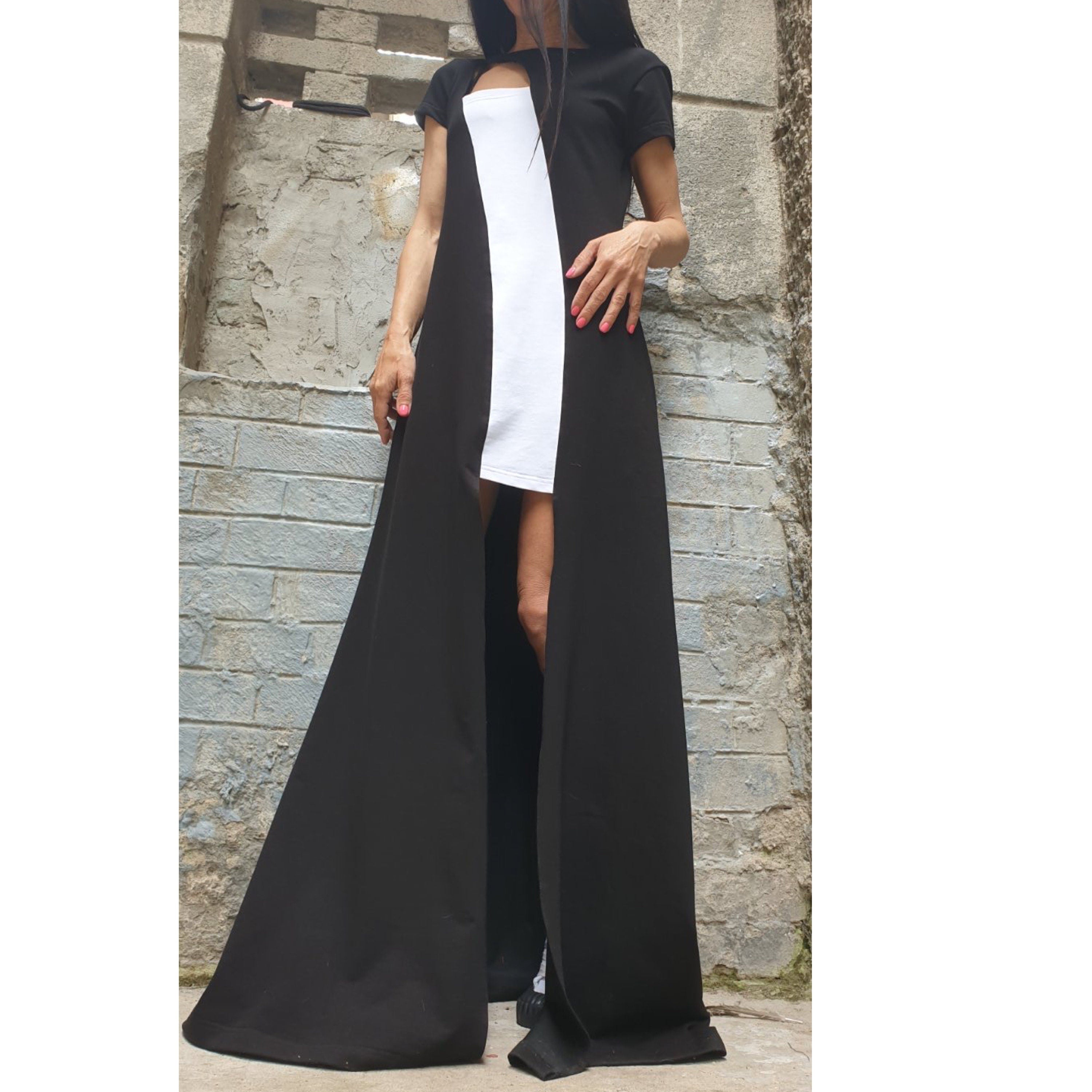 Asymmetric Maxi Black Dress – Long Cotton Dress with Side Slit / Urban Elegant Evening Dress / Short Sleeve Summer Dress