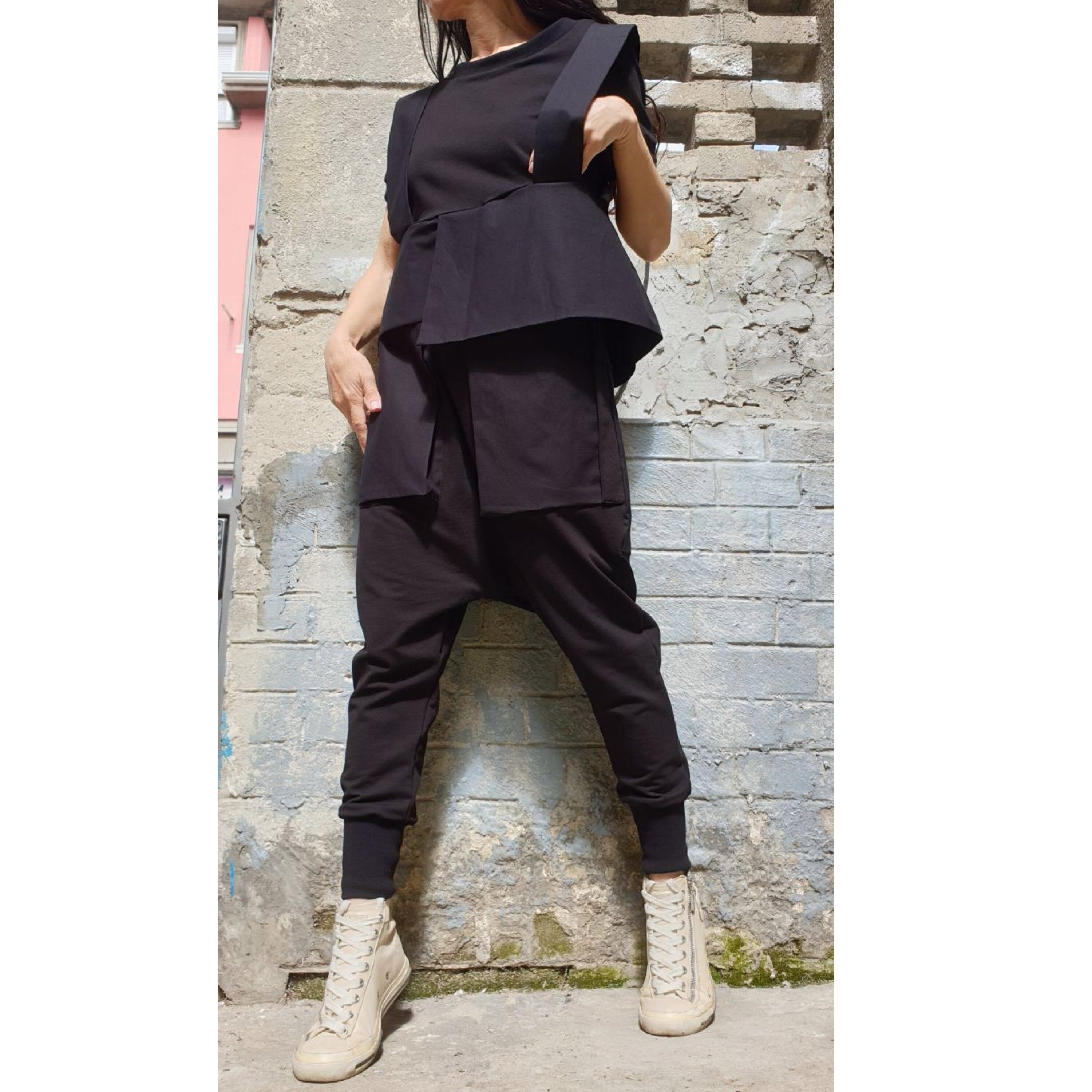 Asymmetric Black Cotton Top with Strap Detail – Avant-Garde Short Sleeve Blouse