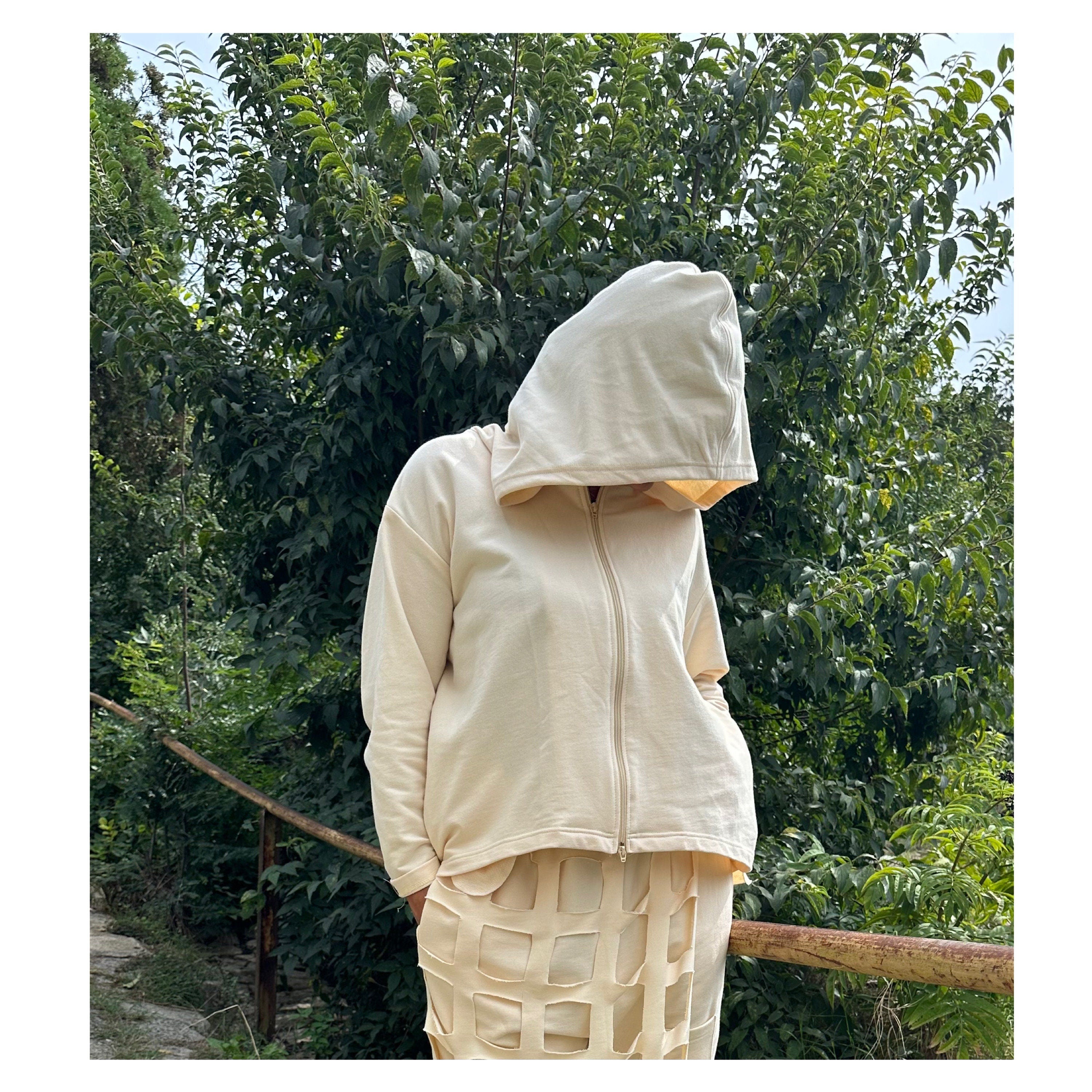 Cream Cotton Cut-Out Hoodie – Zip-Up Hooded Top with Side Pockets