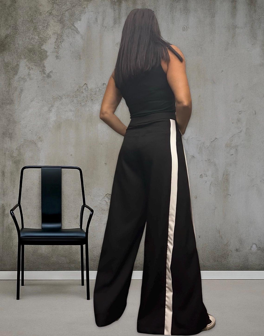 Black Wide Leg Pants for Women – High Waist Trousers with White Side Stripe / Sporty Chic Maxi Pants with Pockets