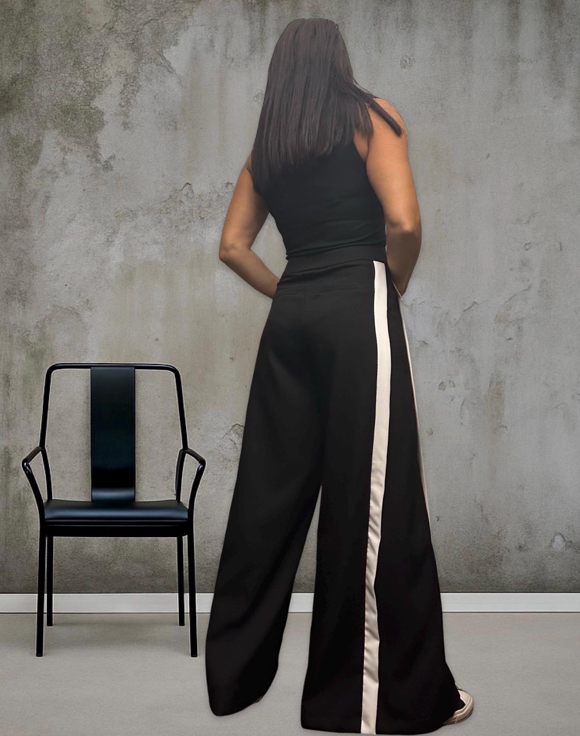 Black Wide Leg Pants for Women – High Waist Trousers with White Side Stripe / Sporty Chic Maxi Pants with Pockets