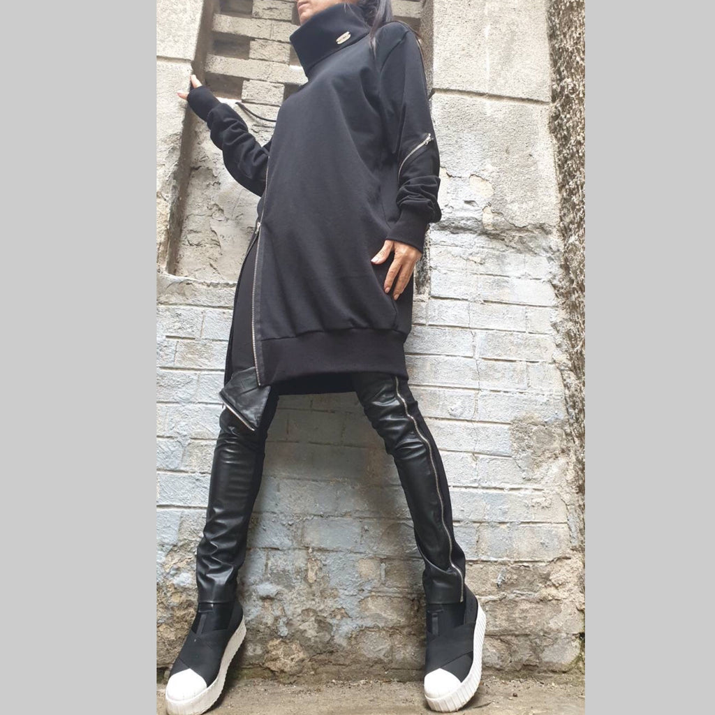Asymmetric Black Cotton Tunic with Zipper / High Collar Long Blouse / Avant-Garde Urban Top for Women