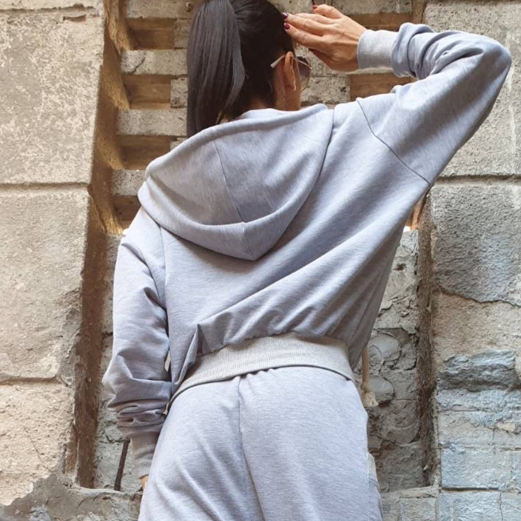 Cotton Hooded Blouse: Sport Elegant Grey Long Sleeve Top