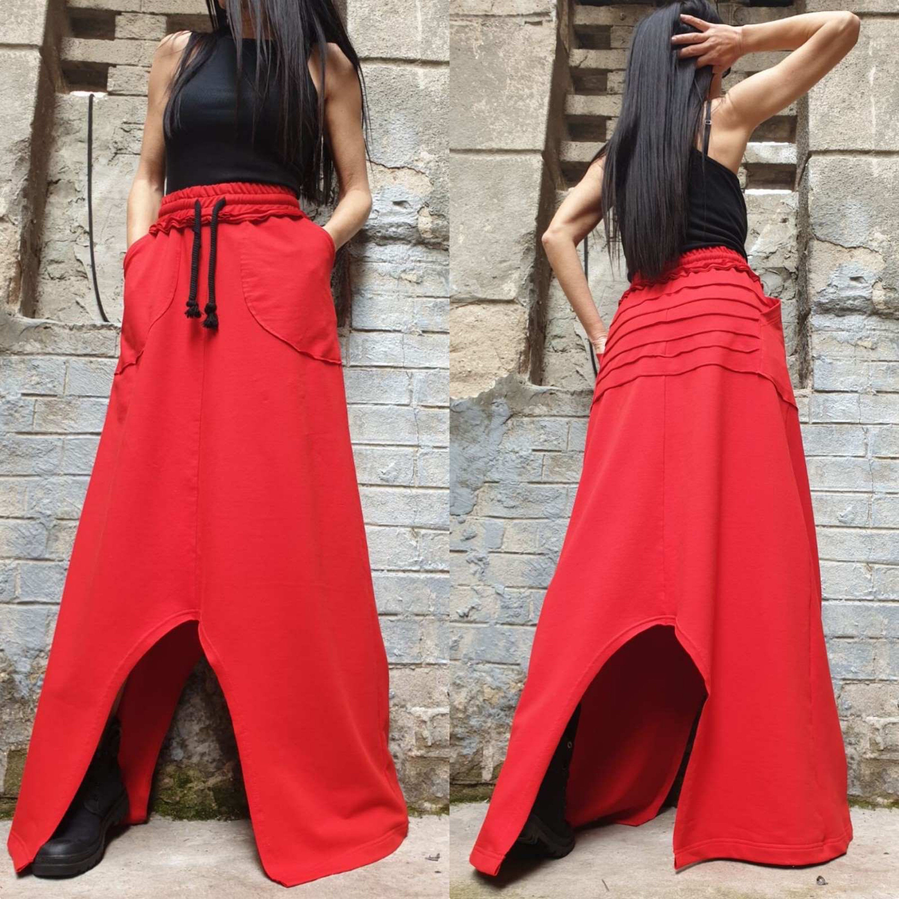 Asymmetrical Red Maxi Skirt / High Waist Cotton Skirt with Pockets / Avant-Garde Style