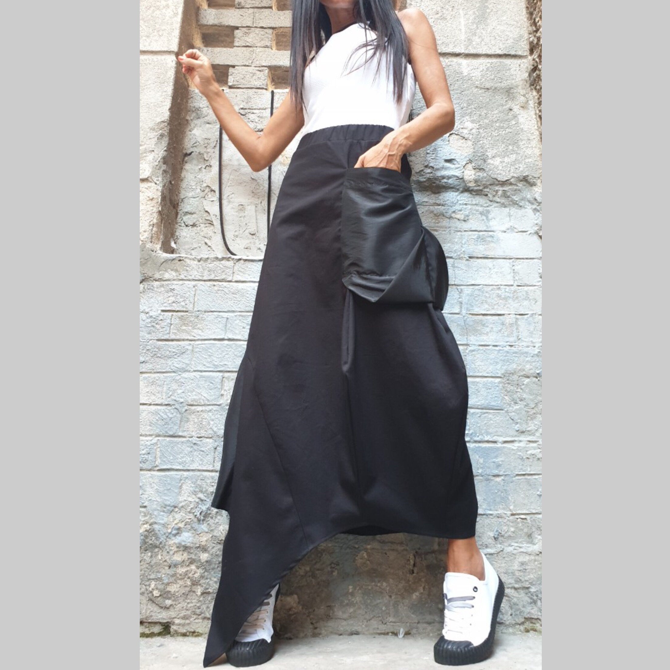 Asymmetric Black Maxi Skirt with Pocket – Avant-Garde High Waist Cotton Skirt