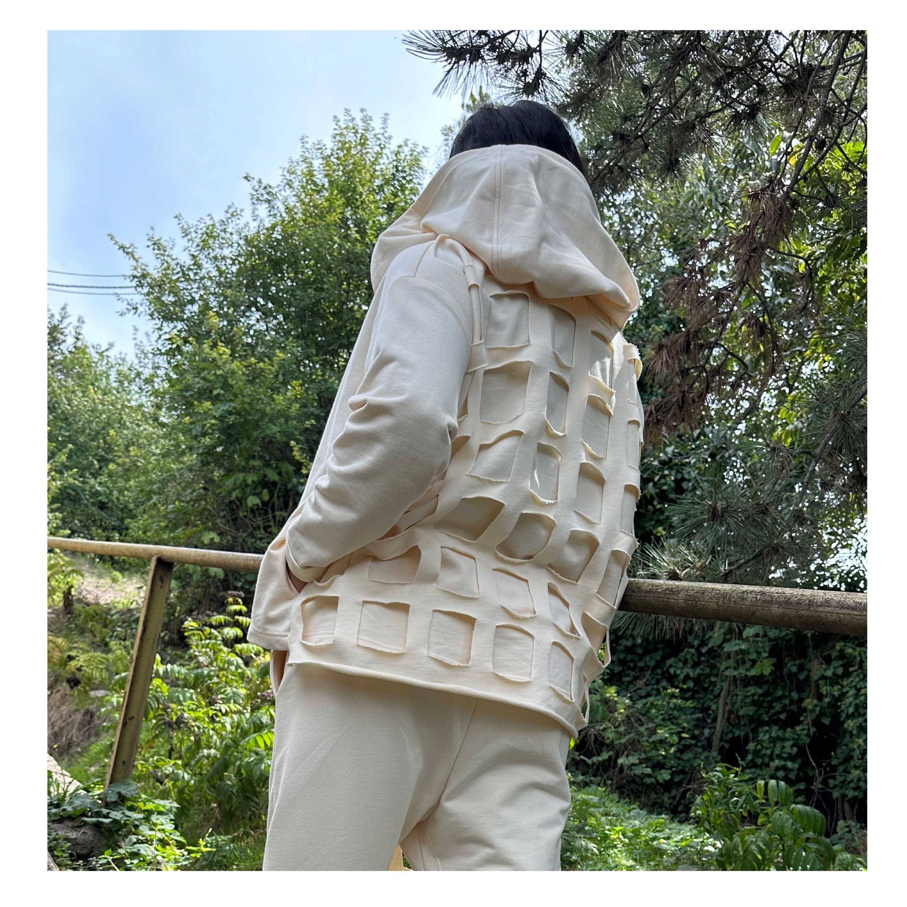 Cream Cotton Cut-Out Hoodie – Zip-Up Hooded Top with Side Pockets