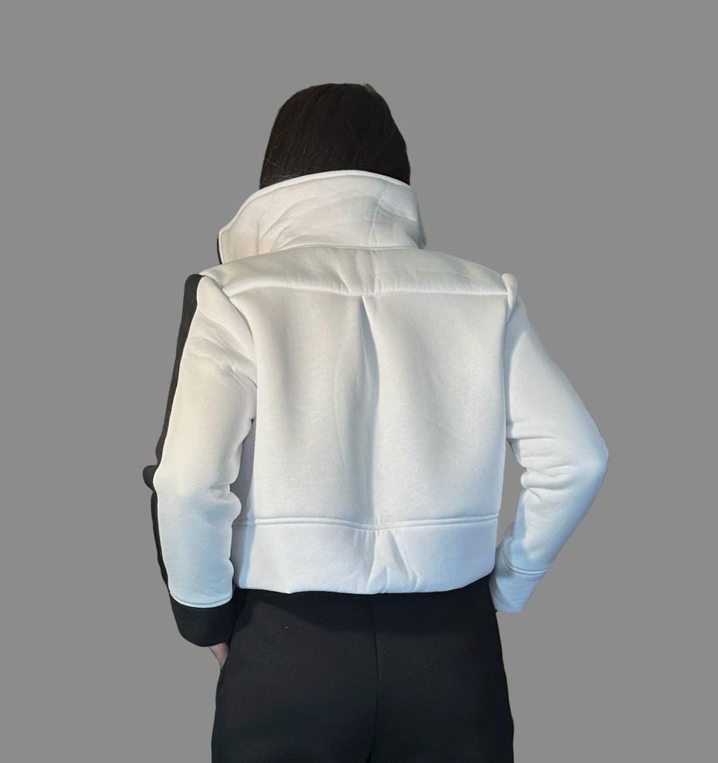Black  White Fleece Set – Cropped Jacket & High Waist Joggers / Warm Two-Piece Tracksuit