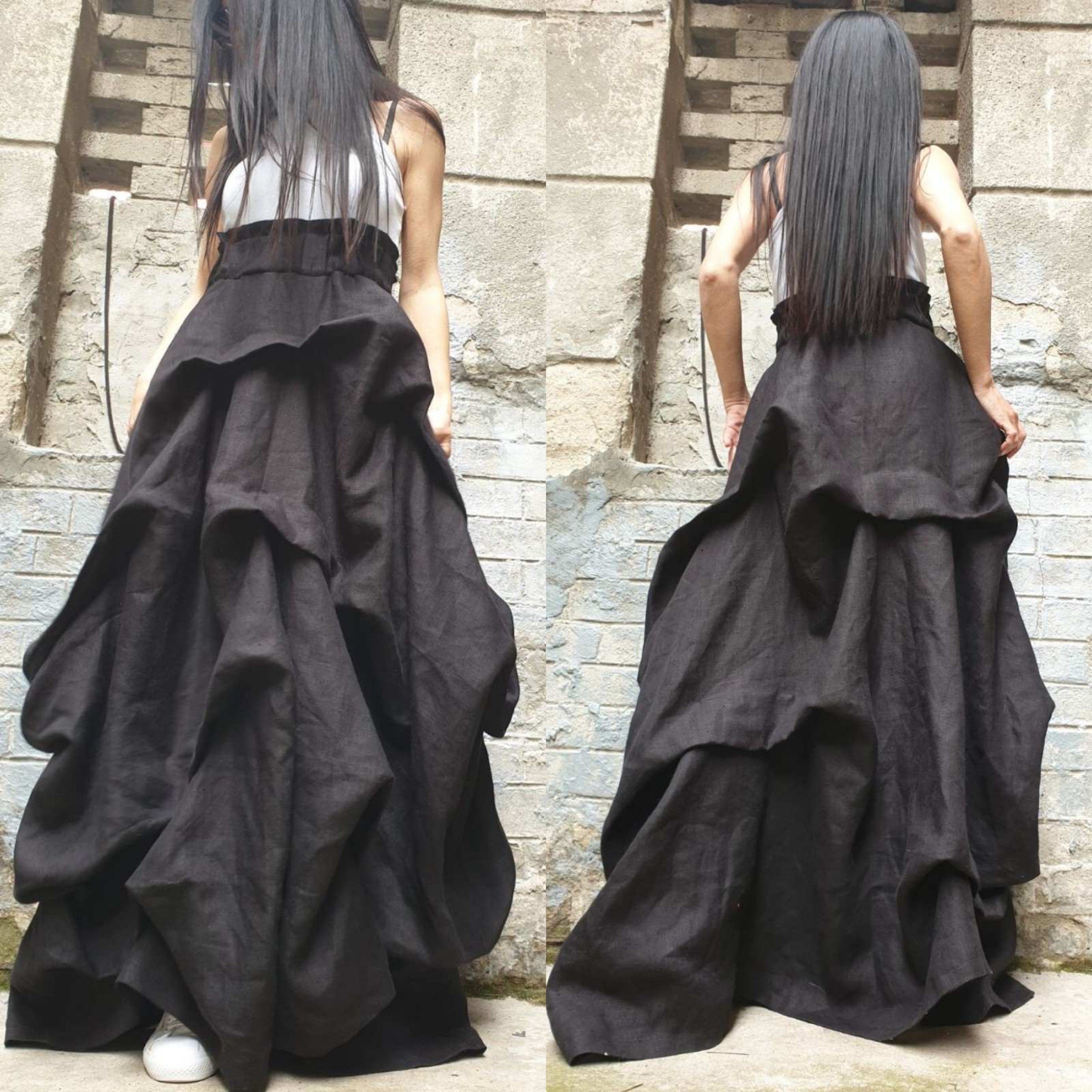 High Waist Linen Maxi Skirt / Avantgarde Asymmetric Black Skirt