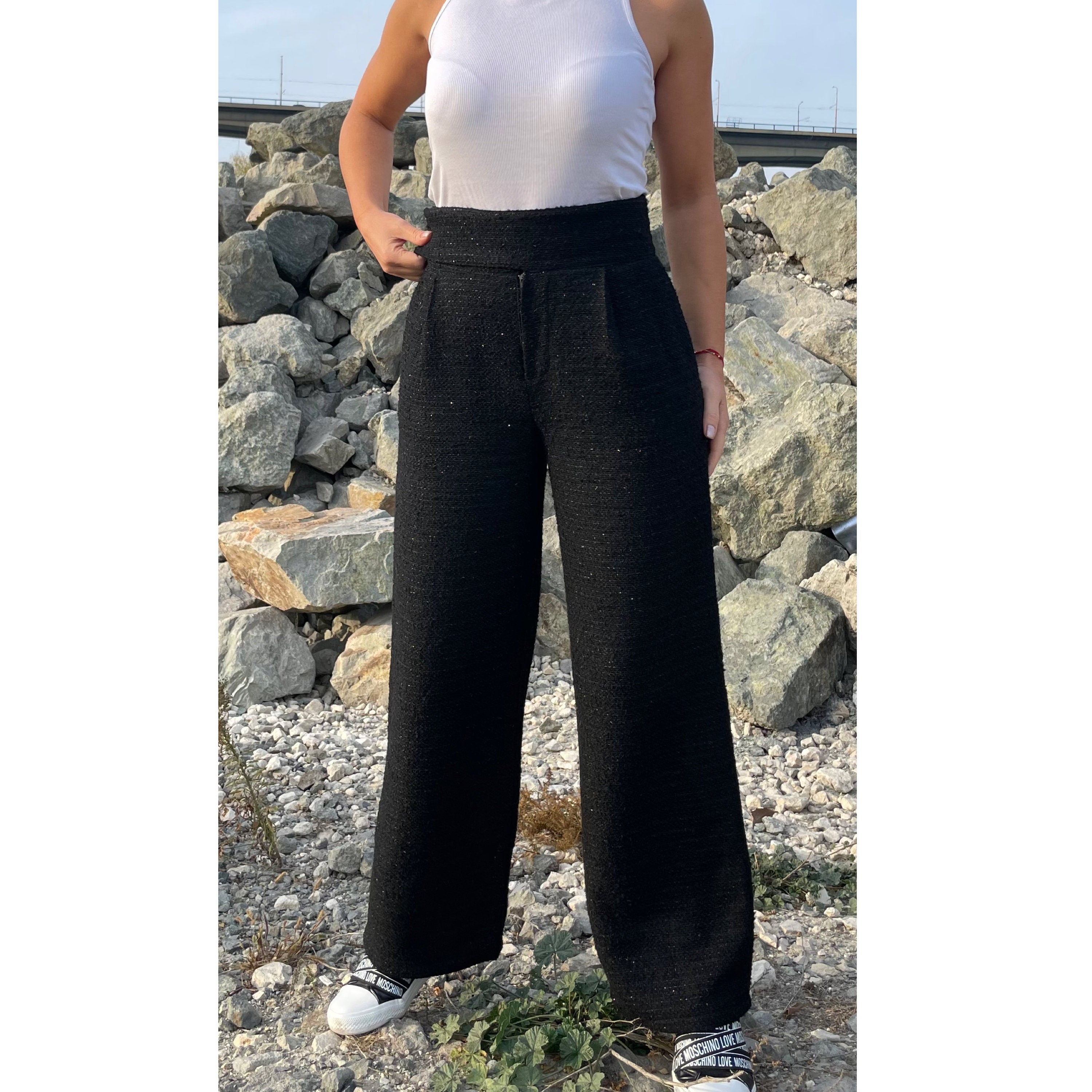 Black Tweed Wide-Leg Pants – High Waist Bouclé Trousers with Side Pockets