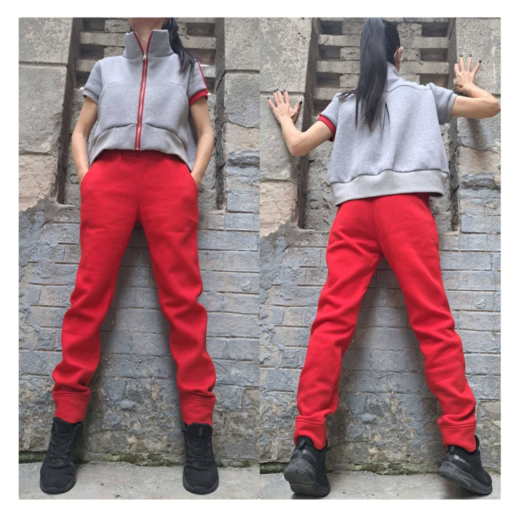 Red & Gray Tracksuit Set: High Waist Pants, Short Sleeve Top