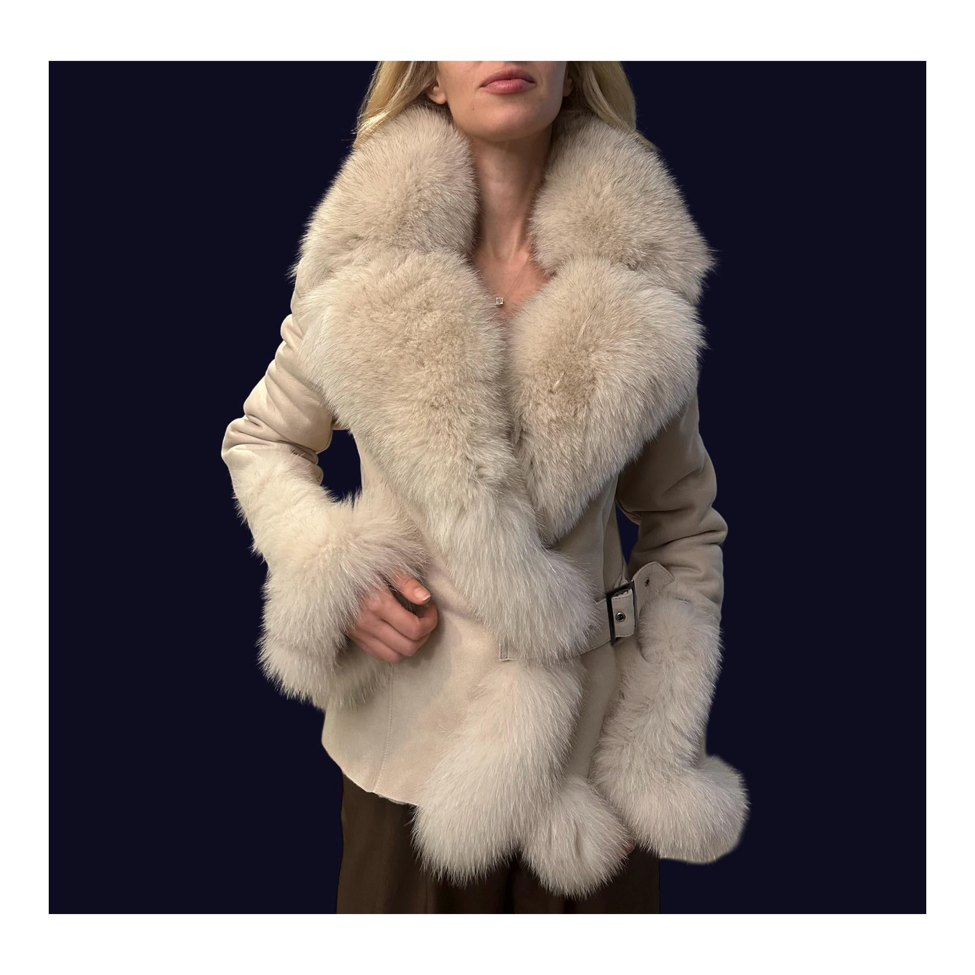 Women’s Real Sheepskin Shearling Coat with Fox Fur – 100% Genuine Lambskin Leather Winter Jacket / Handmade Luxury Coat XS–3XL