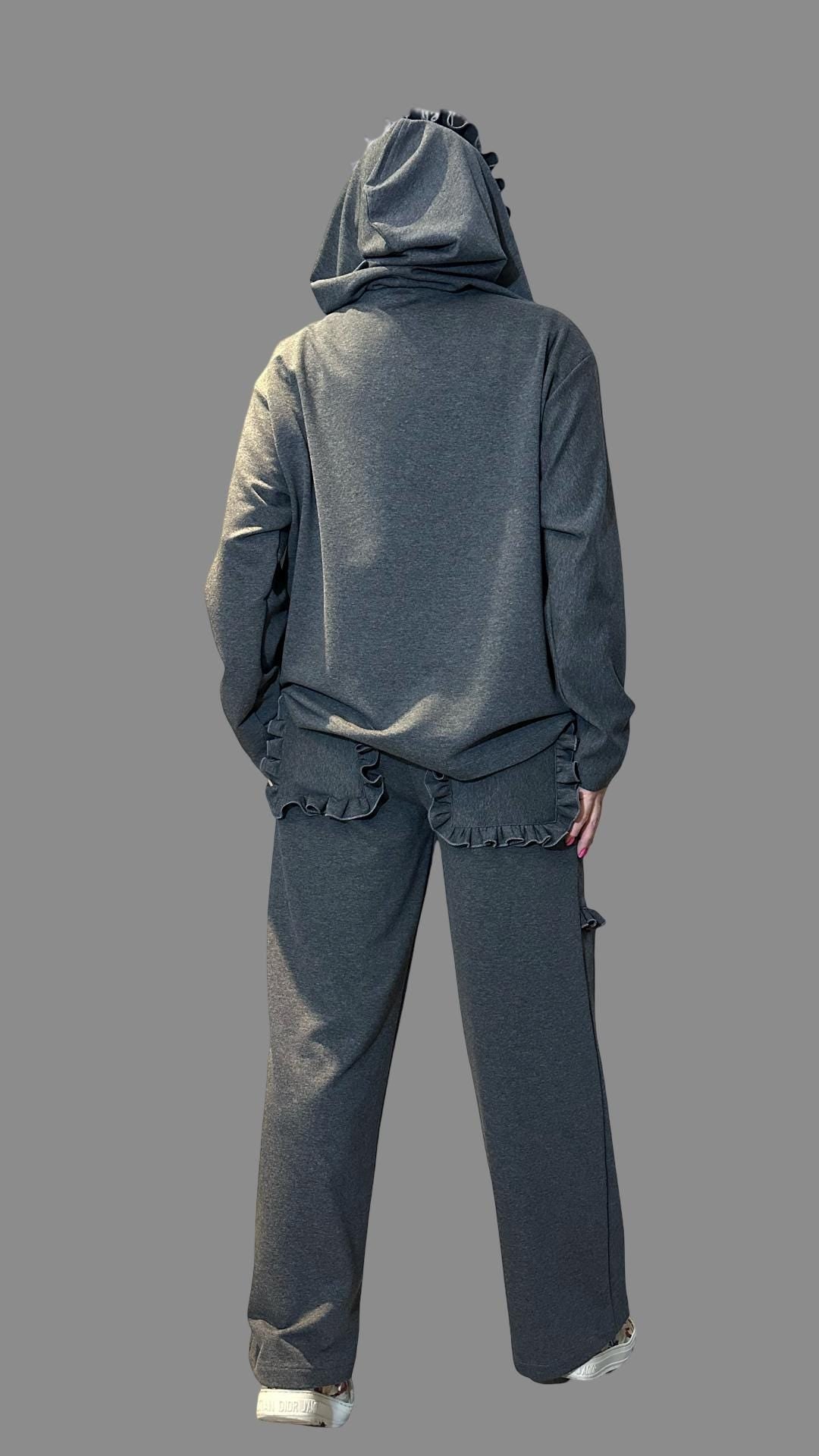Ruffle Trim Cotton Tracksuit /  Asymmetric Hoodie & High-Waisted Pants / Two-Piece Women’s Streetwear Set