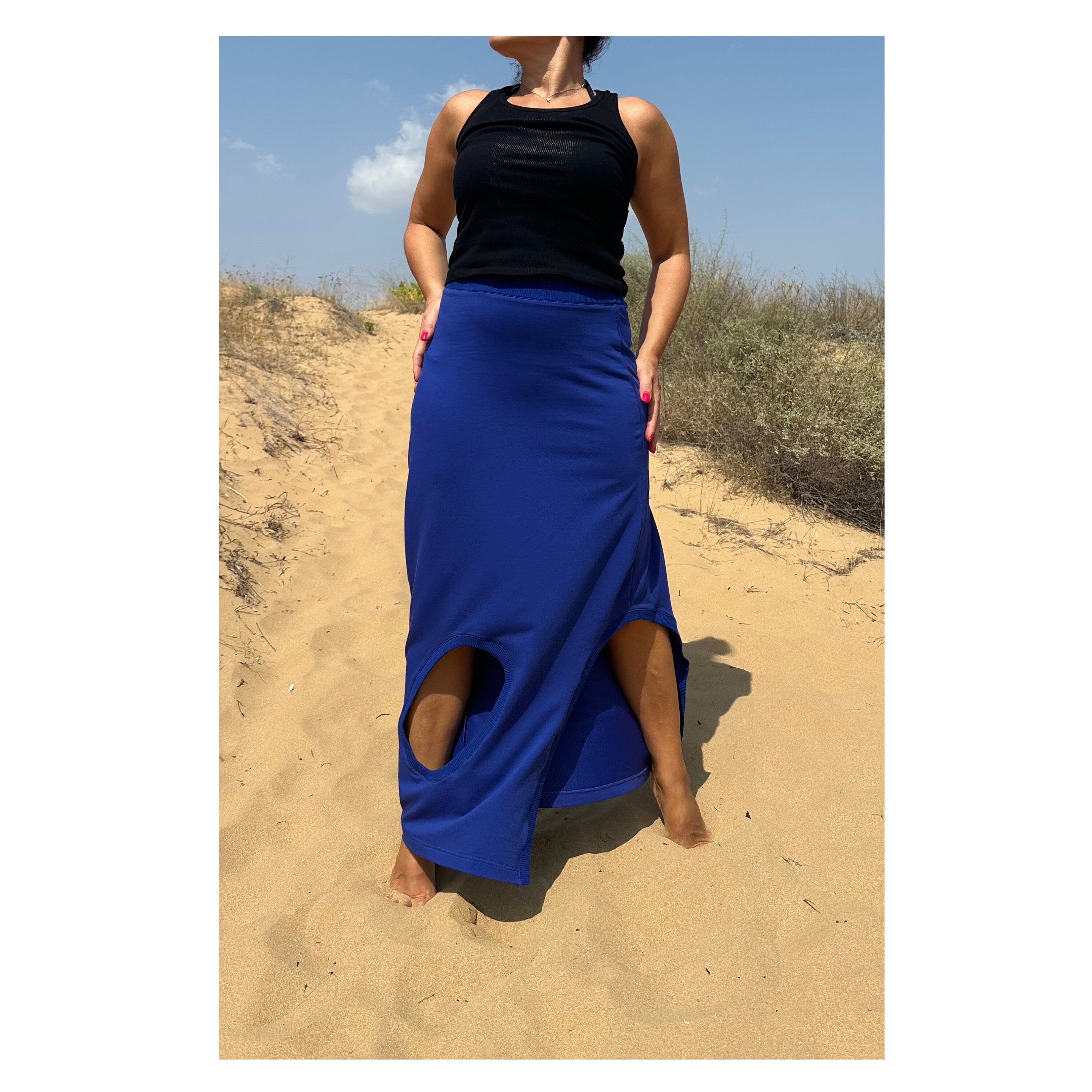 High-Waisted Cotton Skirt – Blue Maxi Skirt with Side Cut-Out and Slit / Handmade Summer Fashion