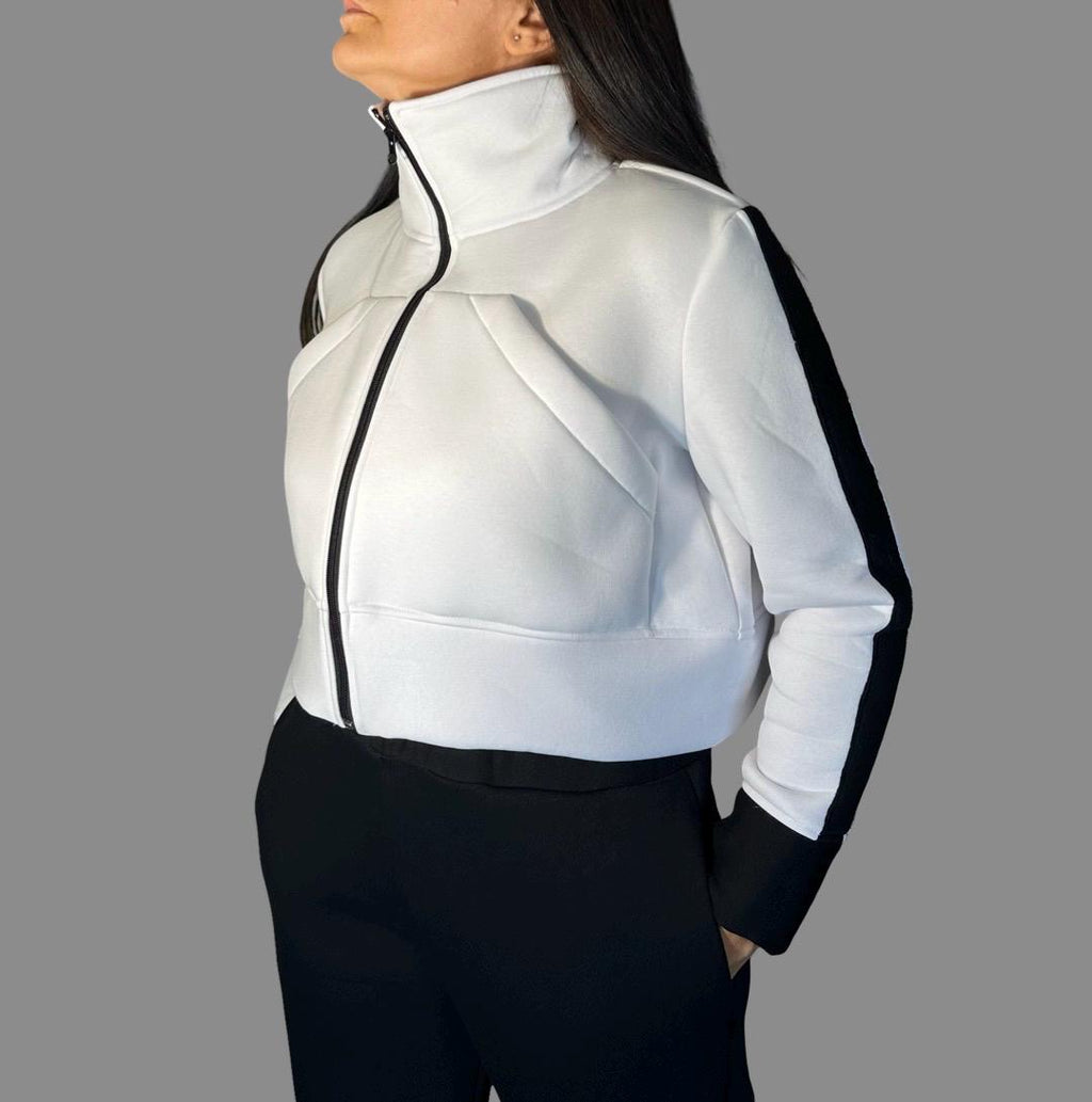 Cropped White Fleece Jacket – High Collar Winter Top / Women’s Streetwear Sweatshirt / Zip Up Hoodie / Designer Warm Sweater XS–5XL