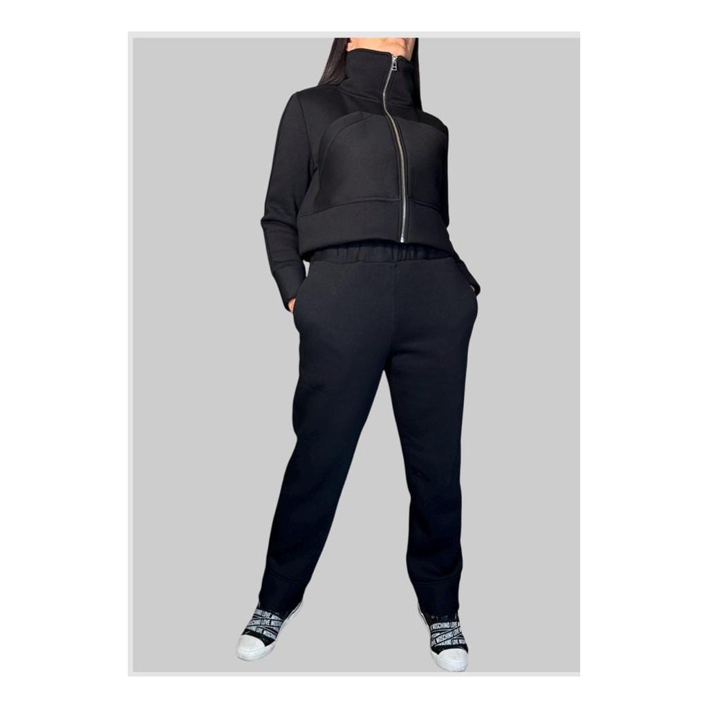 Women’s Two-Piece Tracksuit Set – Black High-Neck Zip Jacket & Jogger Pants / Thick Cotton Blend Loungewear / Minimalist Athleisure Outfit