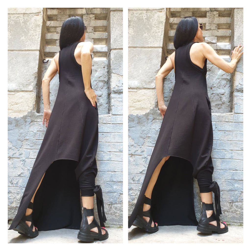 Asymmetrical Black Sleeveless Dress – Avant-Garde Cotton Maxi with Side Pockets