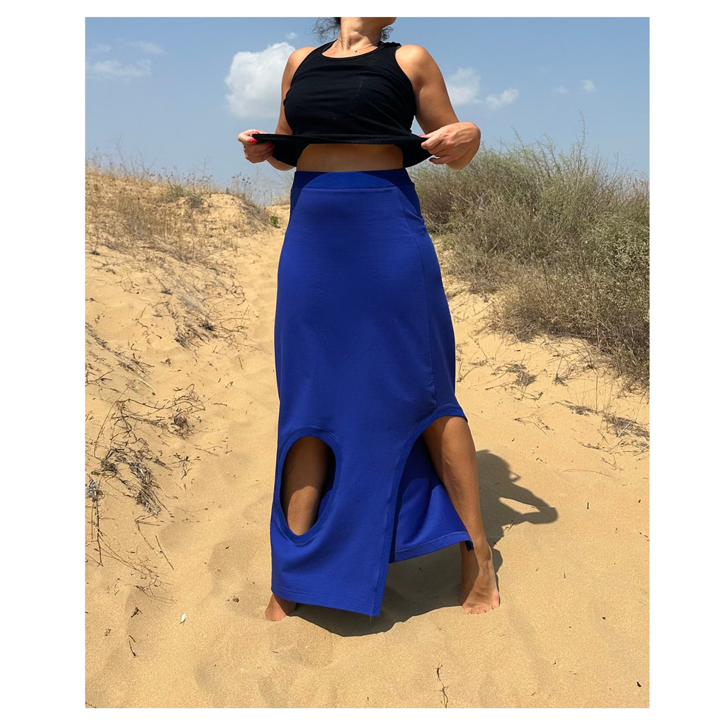 High-Waisted Cotton Skirt – Blue Maxi Skirt with Side Cut-Out and Slit / Handmade Summer Fashion