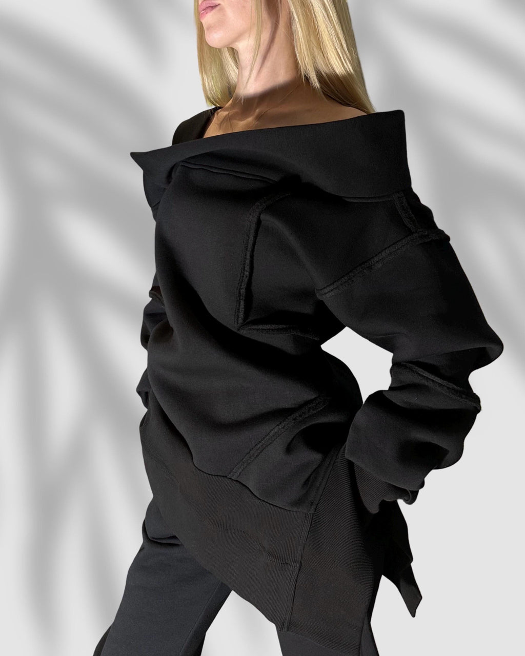 Black Winter Tracksuit for Women – Asymmetric Off-Shoulder Sweatshirt & High-Waist Joggers / Thick Three-Thread Fleece Designer Set / Warm T