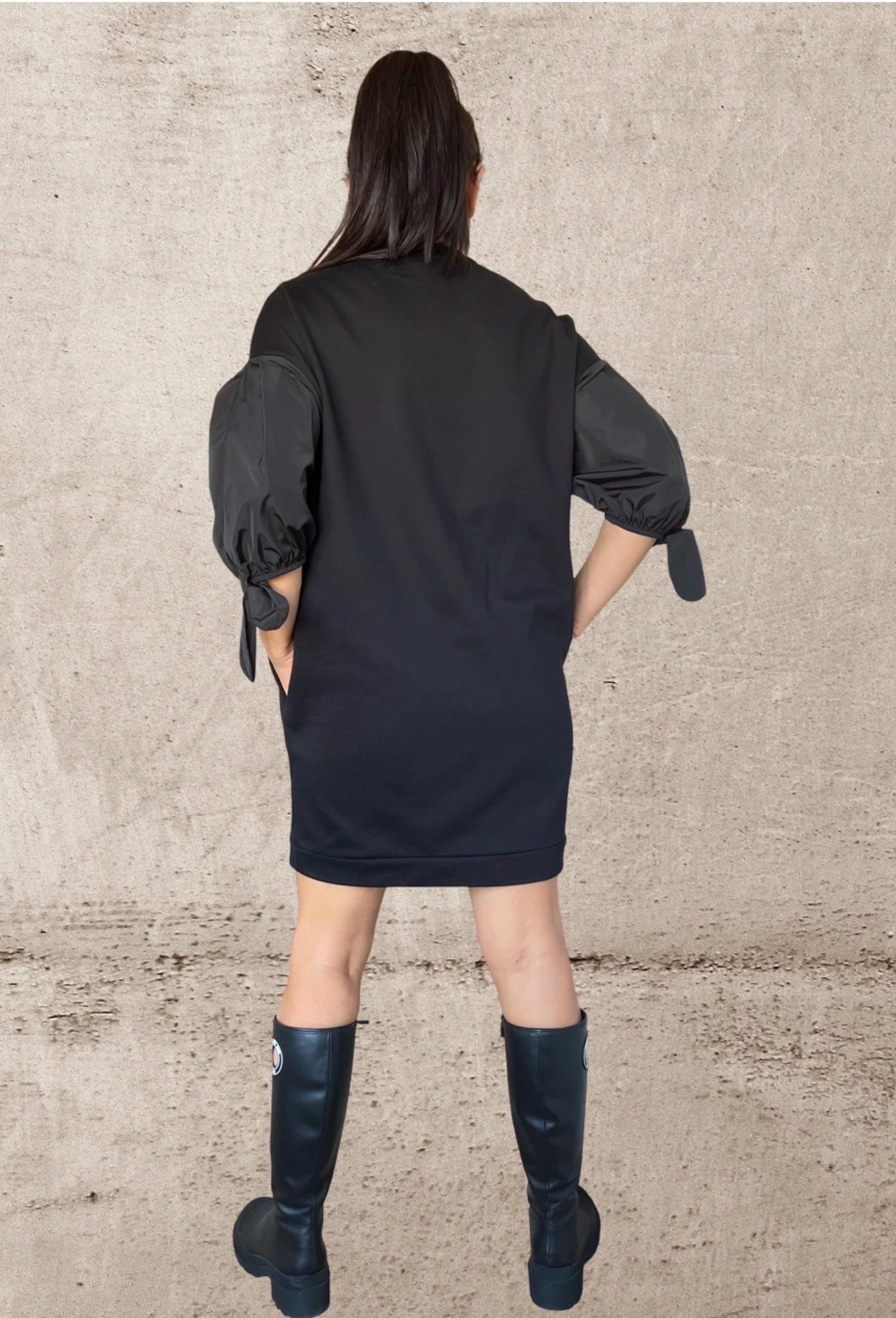 Black Cotton Tunic Dress with Balloon Sleeves – Short Puff Sleeve Dress – Oversized Minimalist Tunic – Handmade Custom XS–5XL