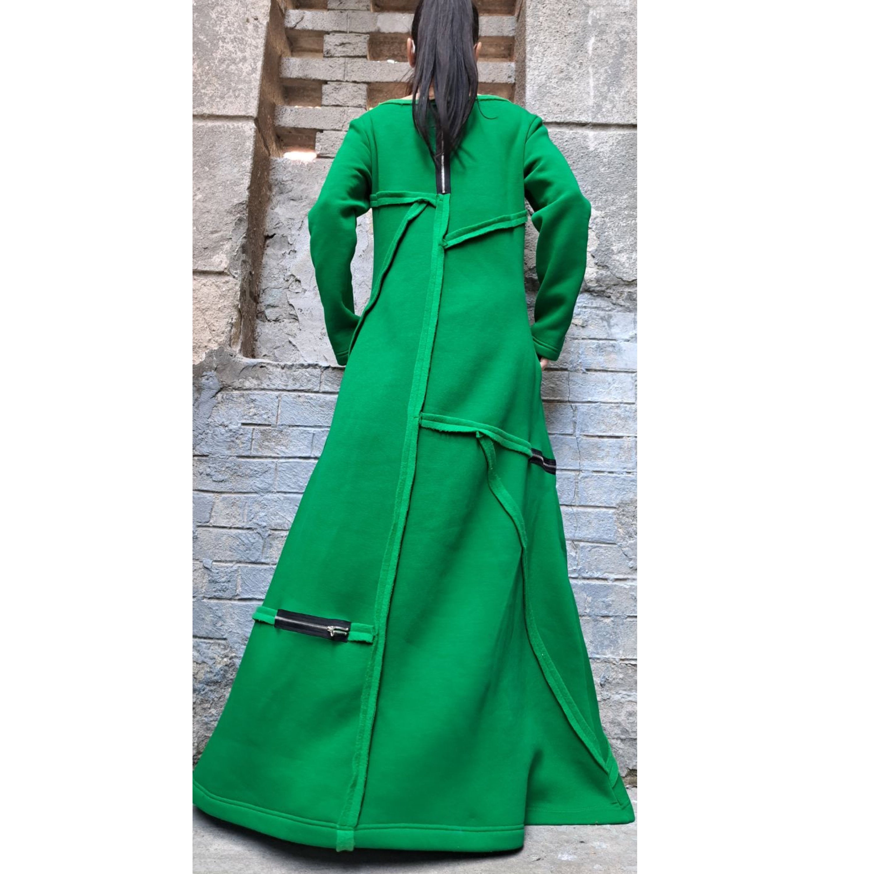 Winter Long Maxi Dress – Avant-Garde Asymmetric Warm Fleece Dress with Zippers / Green Three-Thread Cotton Sweatshirt Dress / Oversized Casu