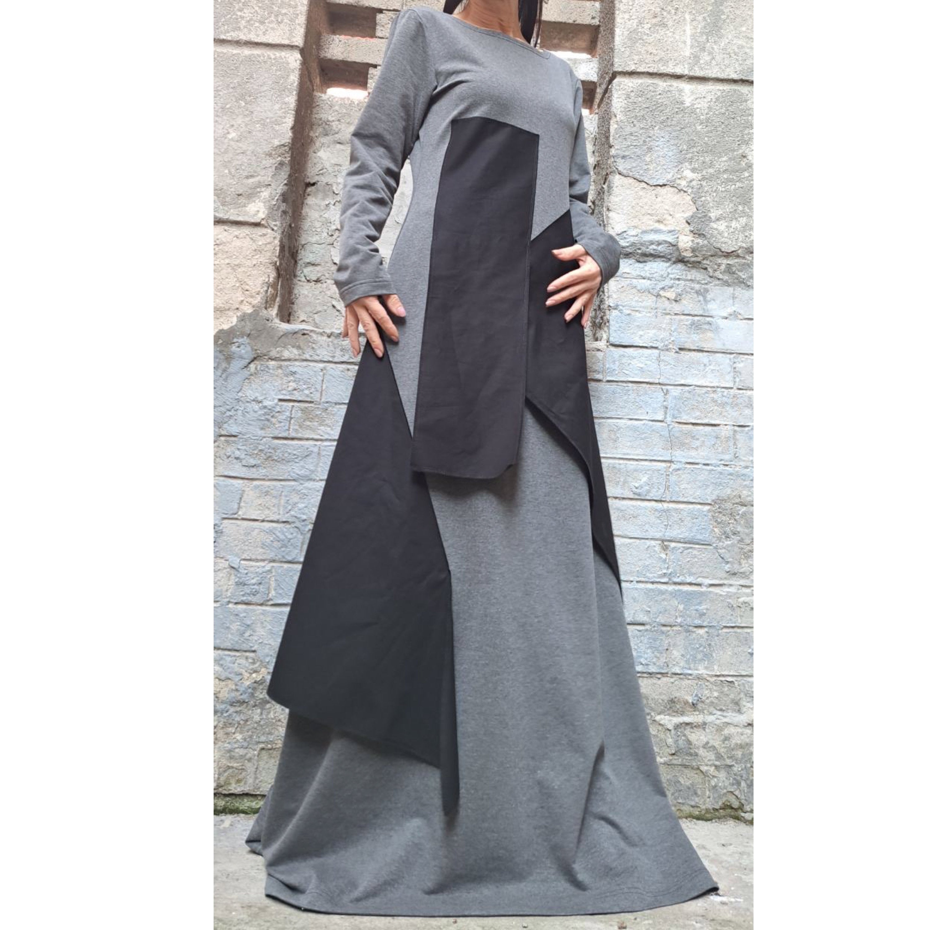 Asymmetrical Maxi Cotton Dress – Long Sleeve Grey Dress with Black Panels / Minimalist A-Line Kaftan / Handmade Casual Loose Dress