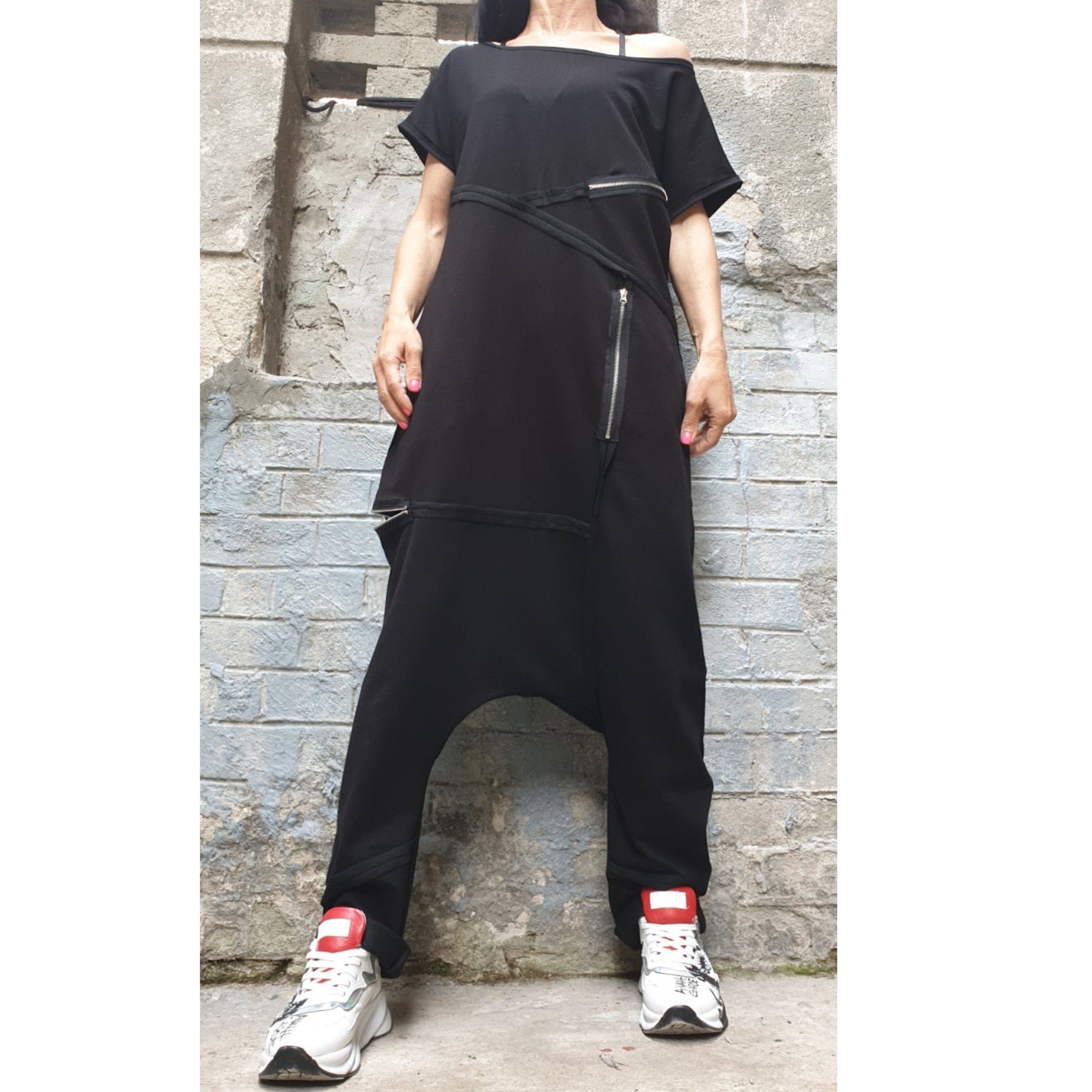 Black Asymmetrical Jumpsuit with Short Sleeves – Designer Cut / Exposed Seams & Zippers / Two-Thread Fleece Romper with Side Pockets