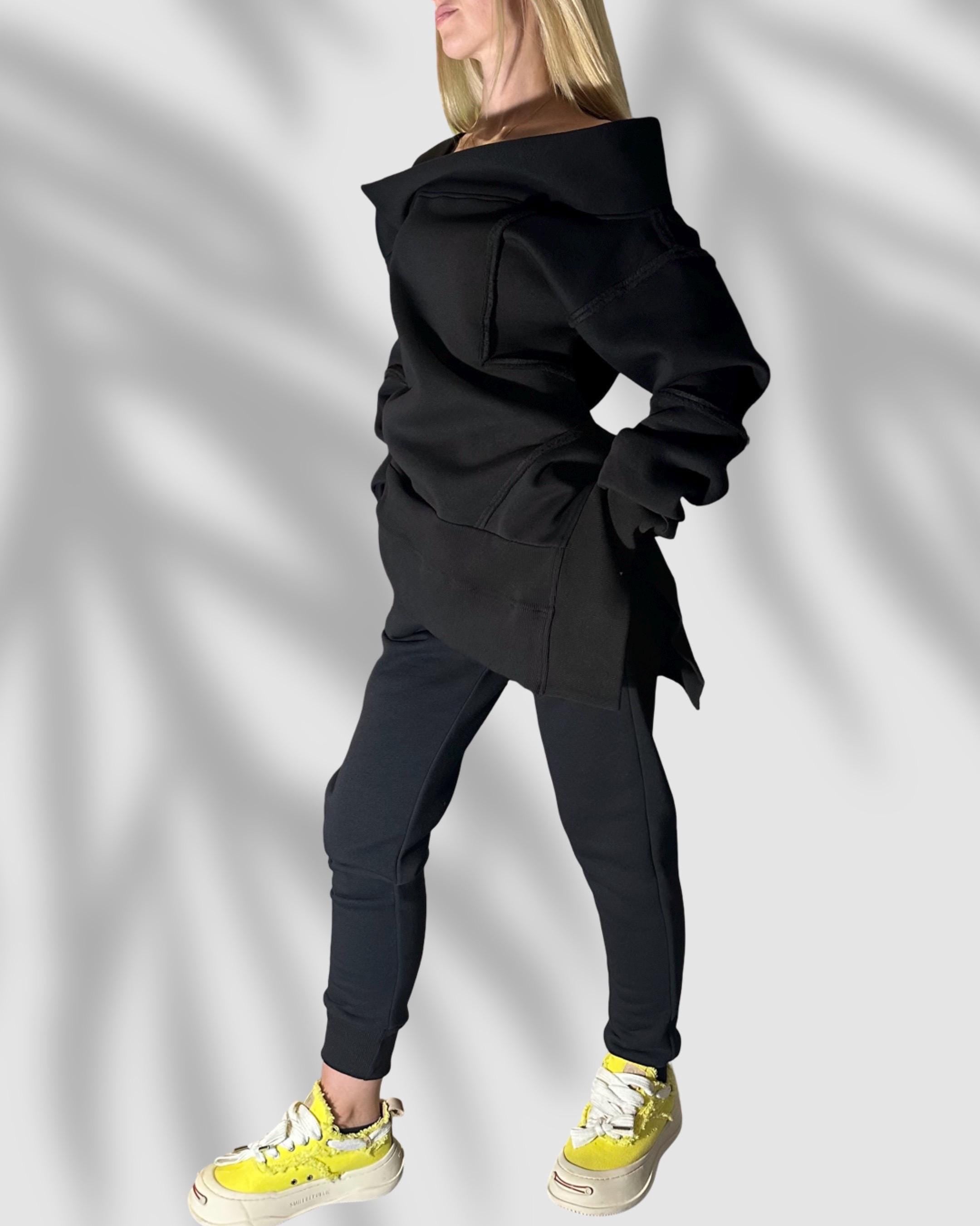 Black Winter Tracksuit for Women – Asymmetric Off-Shoulder Sweatshirt & High-Waist Joggers / Thick Three-Thread Fleece Designer Set / Warm T