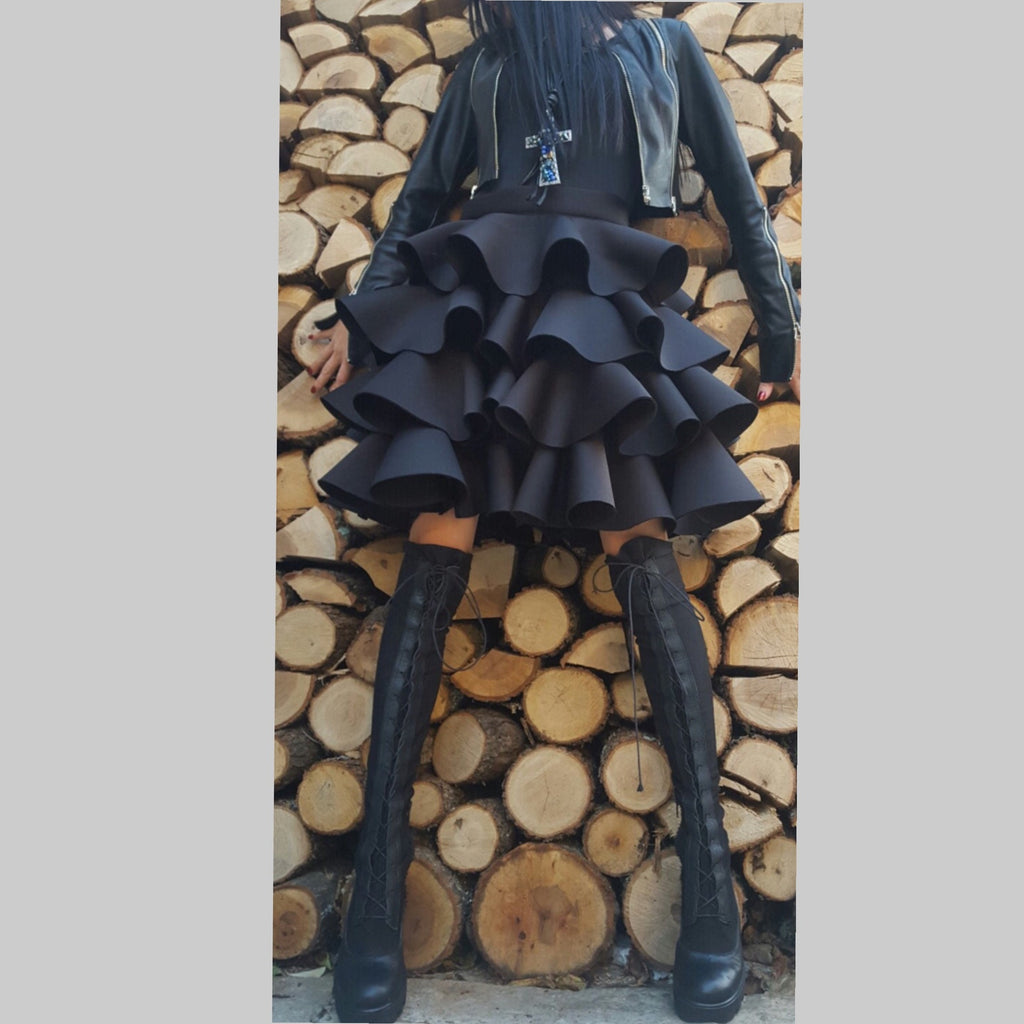 Black Neoprene Layered Skirt – Voluminous Structured Midi Skirt with Ruffles