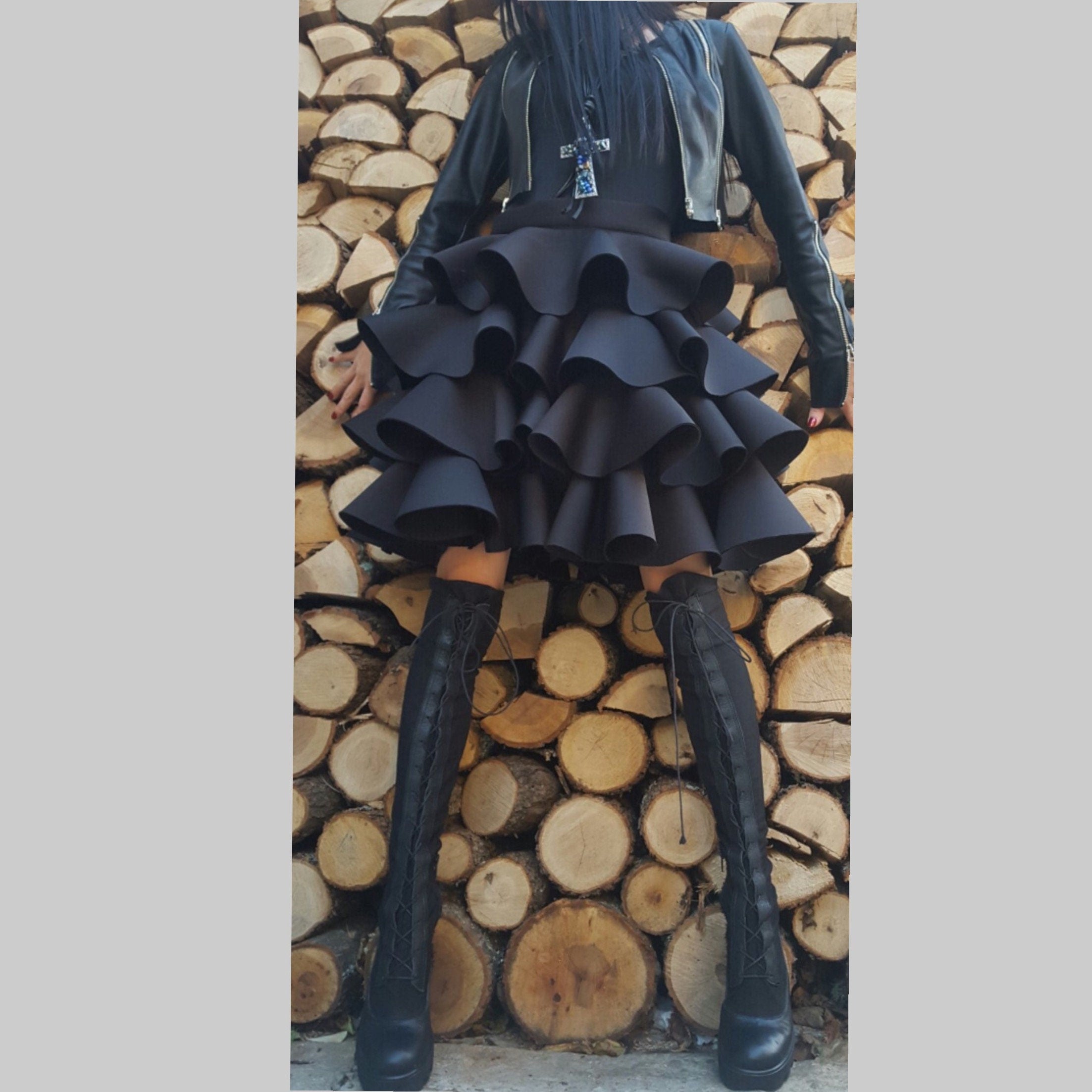 Black Neoprene Layered Skirt – Voluminous Structured Midi Skirt with Ruffles