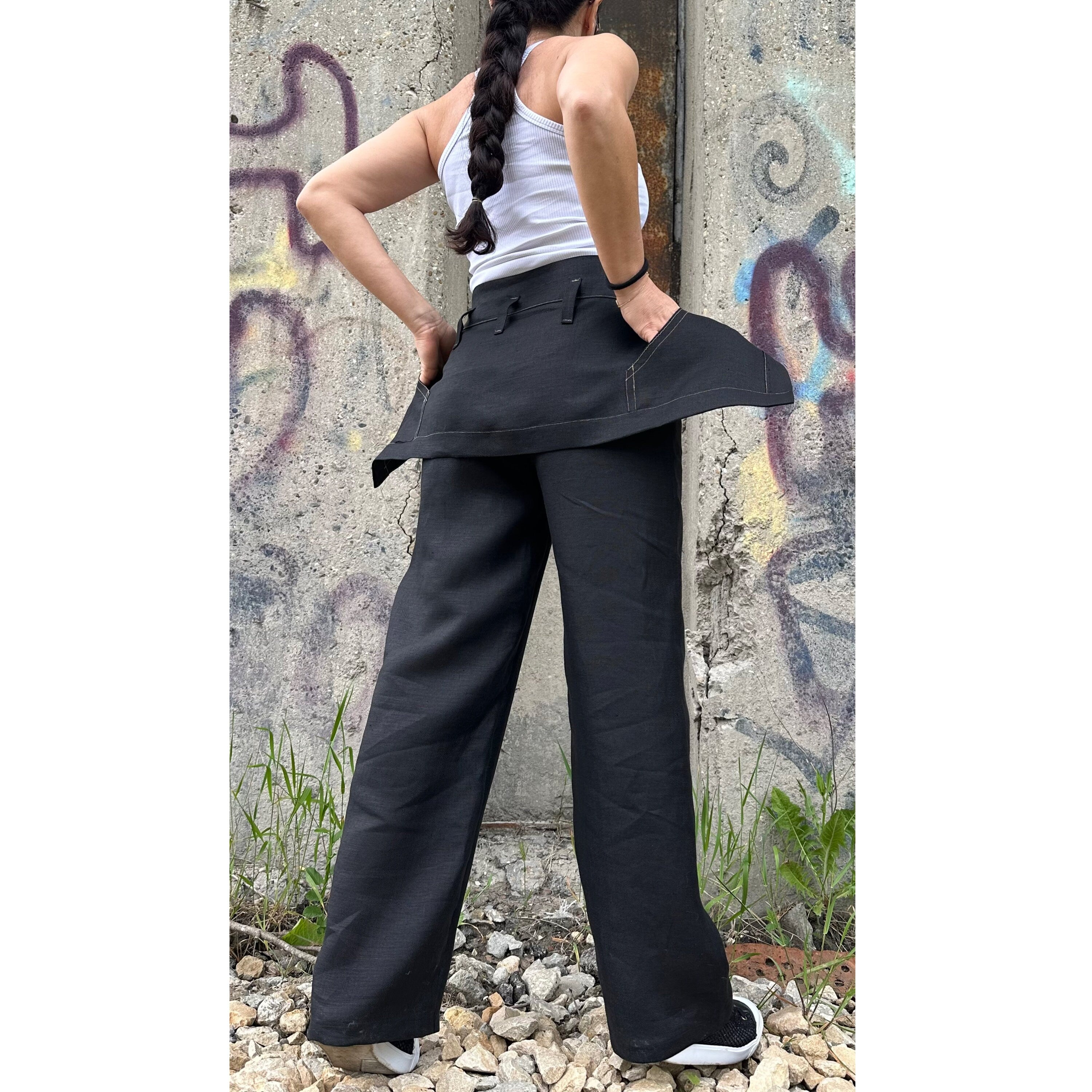 Black Linen High-Waisted Pants with Removable Overlay Skirt – Wide-Leg Trousers with Pockets