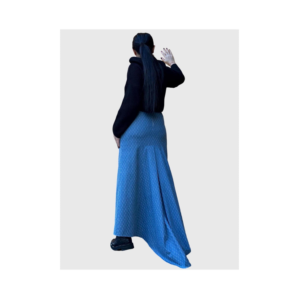 Avant-Garde High Waist Denim Maxi Skirt with Asymmetrical Back Hem