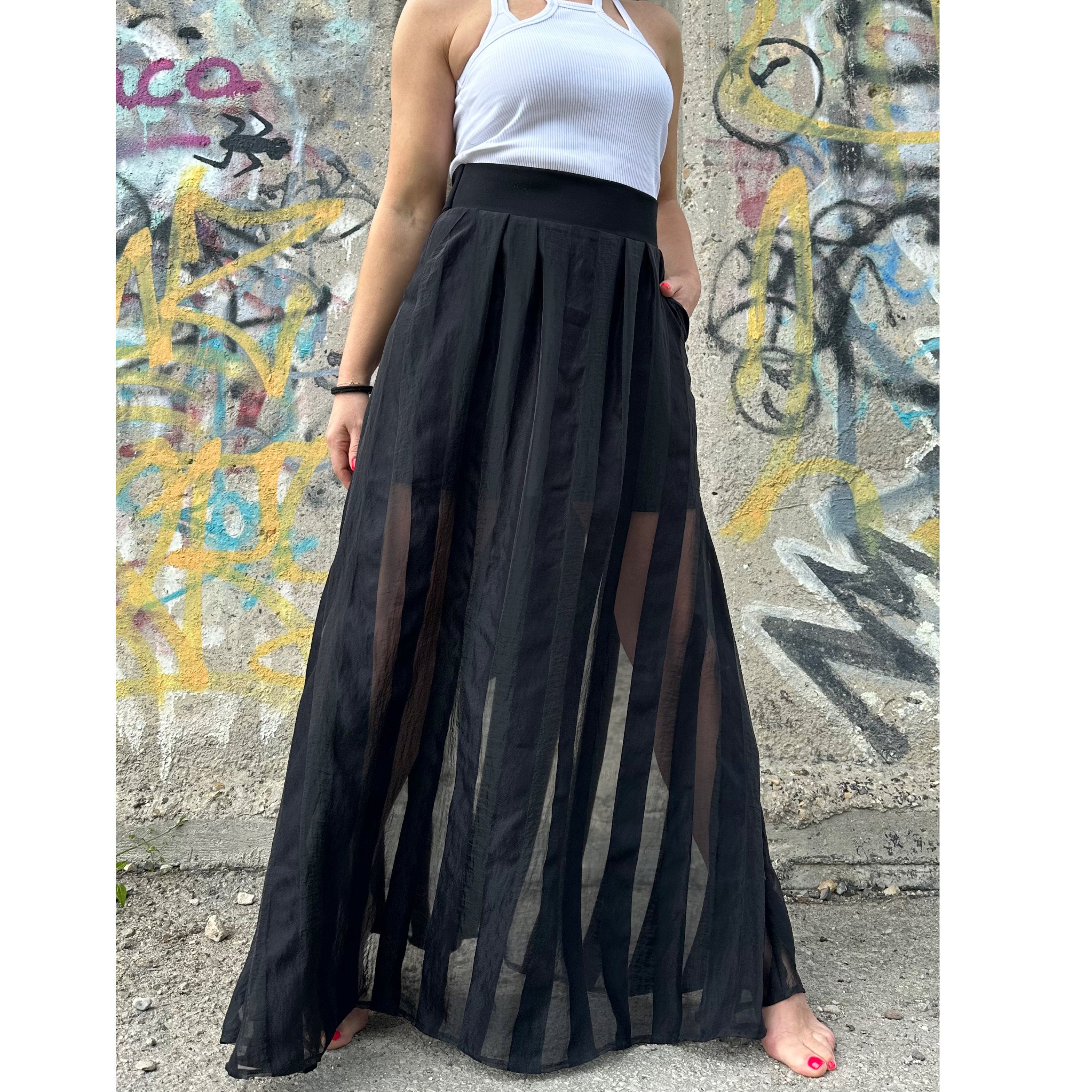 Black Maxi Skirt – High Waist with Cotton and Sheer Organza Stripes