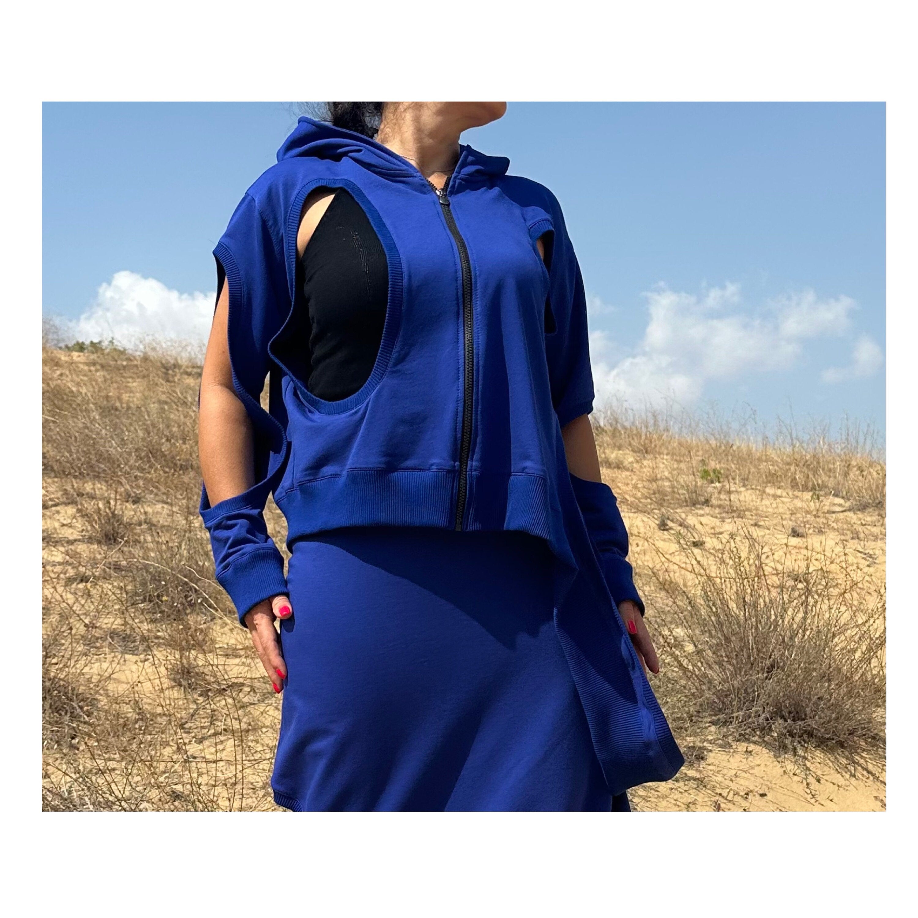 Asymmetric Blue Hoodie with Zipper and Cut-Out Sleeves – Summer & Spring Streetwear