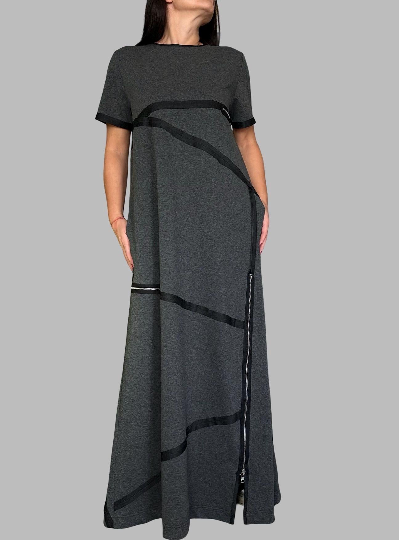 Modern Asymmetrical Maxi Dress / Cotton Urban Dress with Zipper