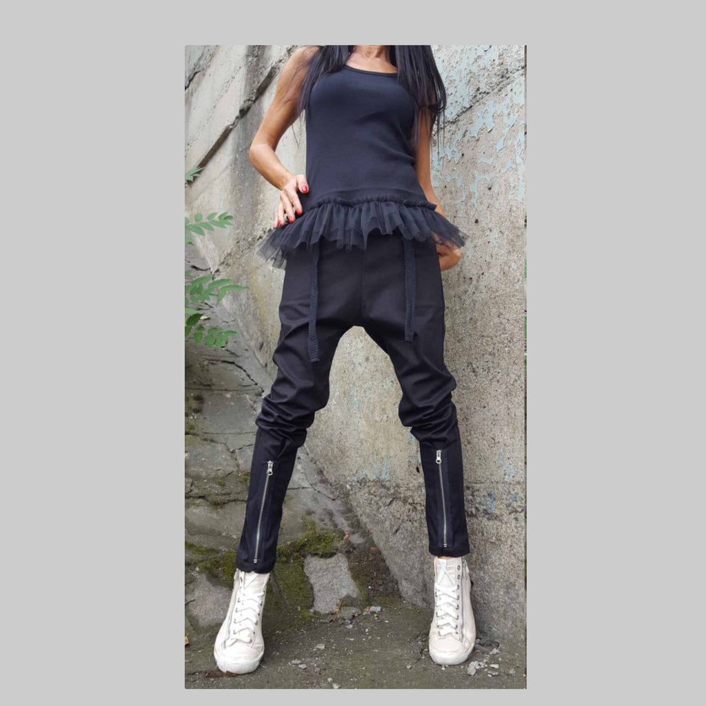 Black Drop-Crotch Cotton Pants – Women’s Relaxed Fit Trousers with Front Zippers, Cord Detail & Elastic Waist / Minimalist Streetwear