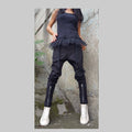 Black Drop-Crotch Cotton Pants – Women’s Relaxed Fit Trousers with Front Zippers, Cord Detail & Elastic Waist / Minimalist Streetwear