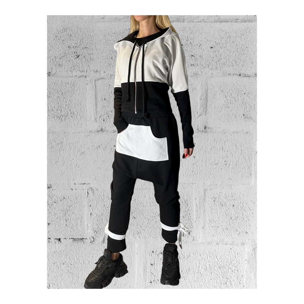 Black & White Avant-Garde Tracksuit Set / Harem Pants and Cropped Zip Hoodie / Handmade Urban Look