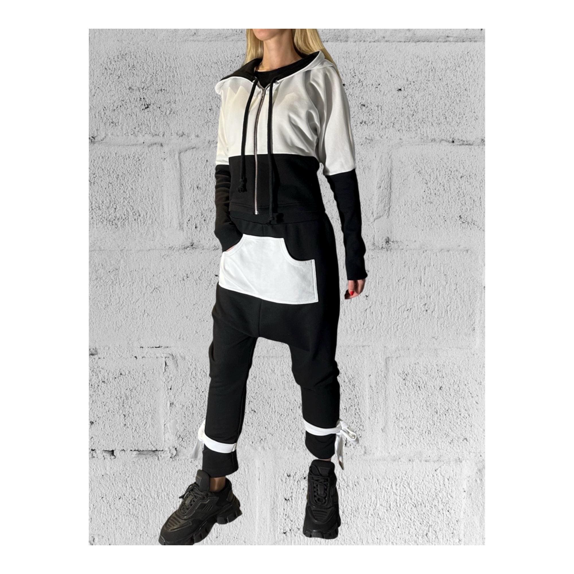 Black & White Avant-Garde Tracksuit Set / Harem Pants and Cropped Zip Hoodie / Handmade Urban Look