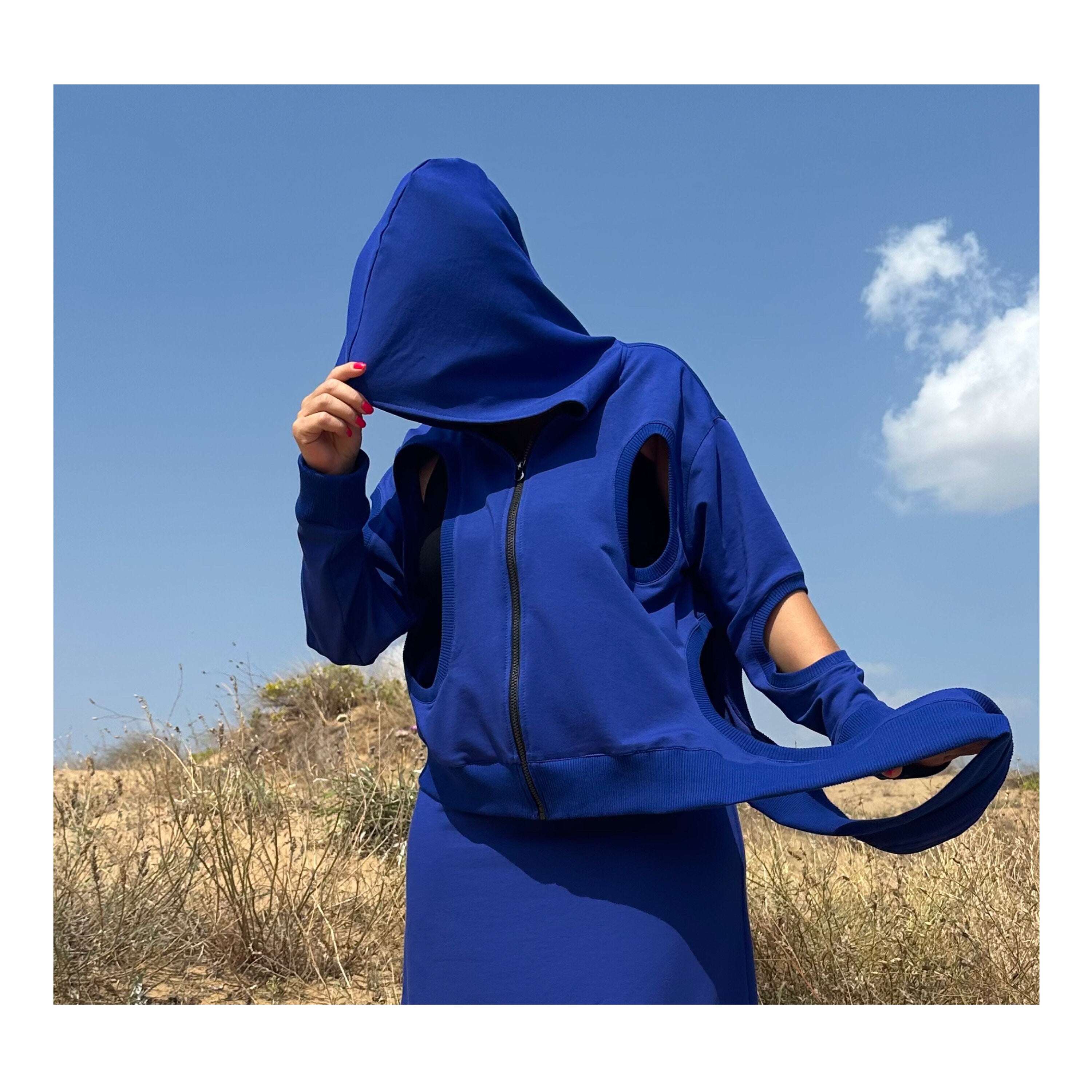 Asymmetric Blue Hoodie with Zipper and Cut-Out Sleeves – Summer & Spring Streetwear
