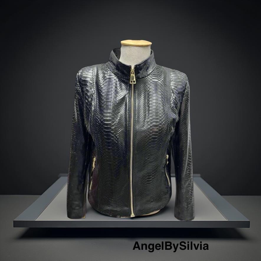 Women’s Genuine Python Leather Jacket - Classic Zip-Up Snakeskin Coat