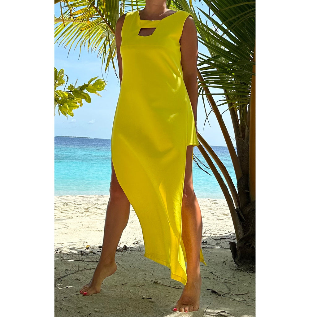 Yellow Cotton Maxi Dress with High Side Slit and Open Back Detail
